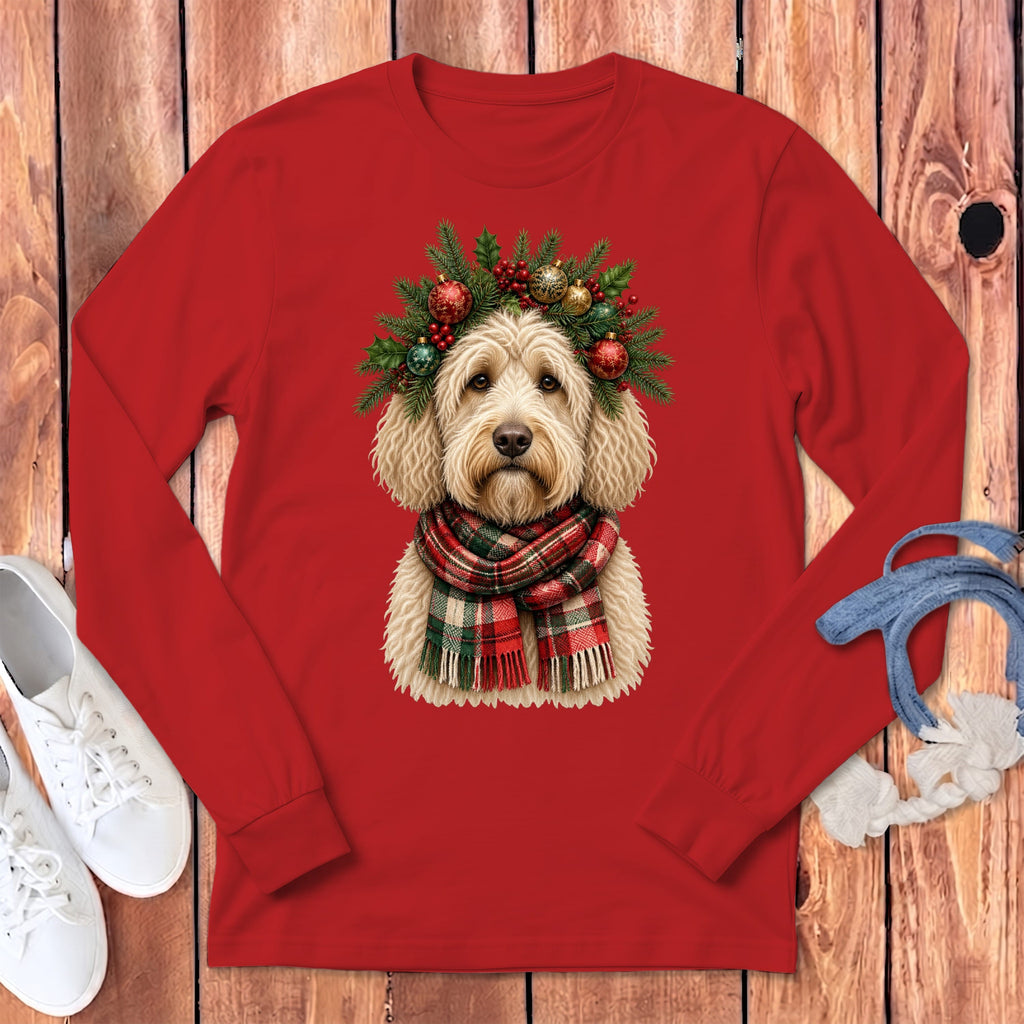Cream Goldendoodle Holiday Crown Long Sleeve T-Shirt in Red / S by MyDesigns