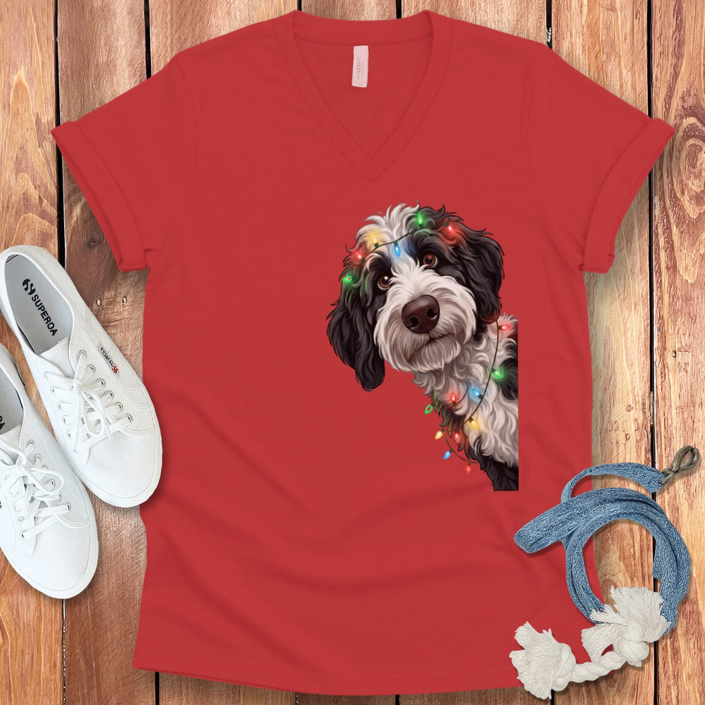 Peeking Sheepadoodle Holiday V-Neck T-Shirt in Red / S by Puppy Jo