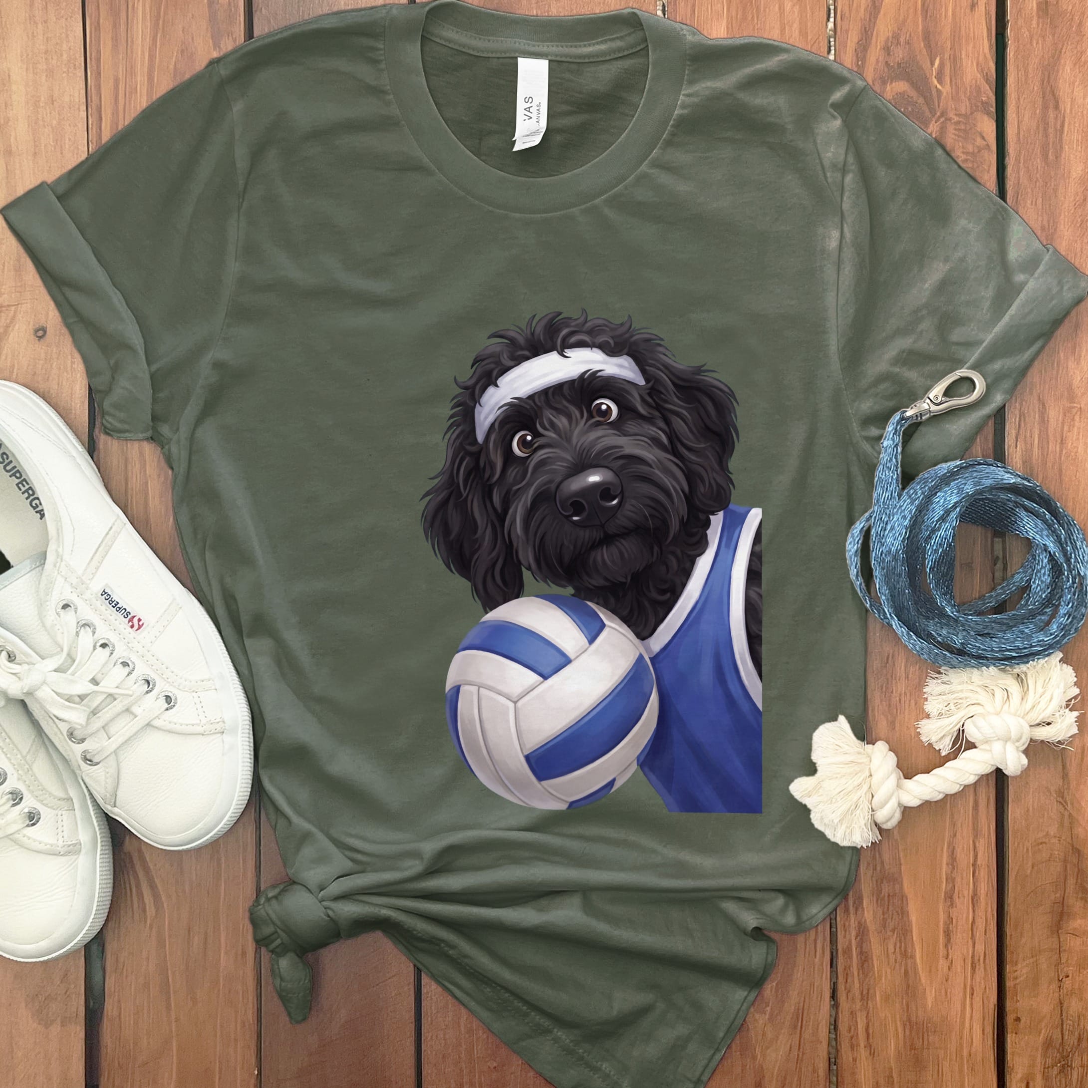 Black Goldendoodle Volleyball Player T-Shirt in Military Green / S by Puppy Jo
