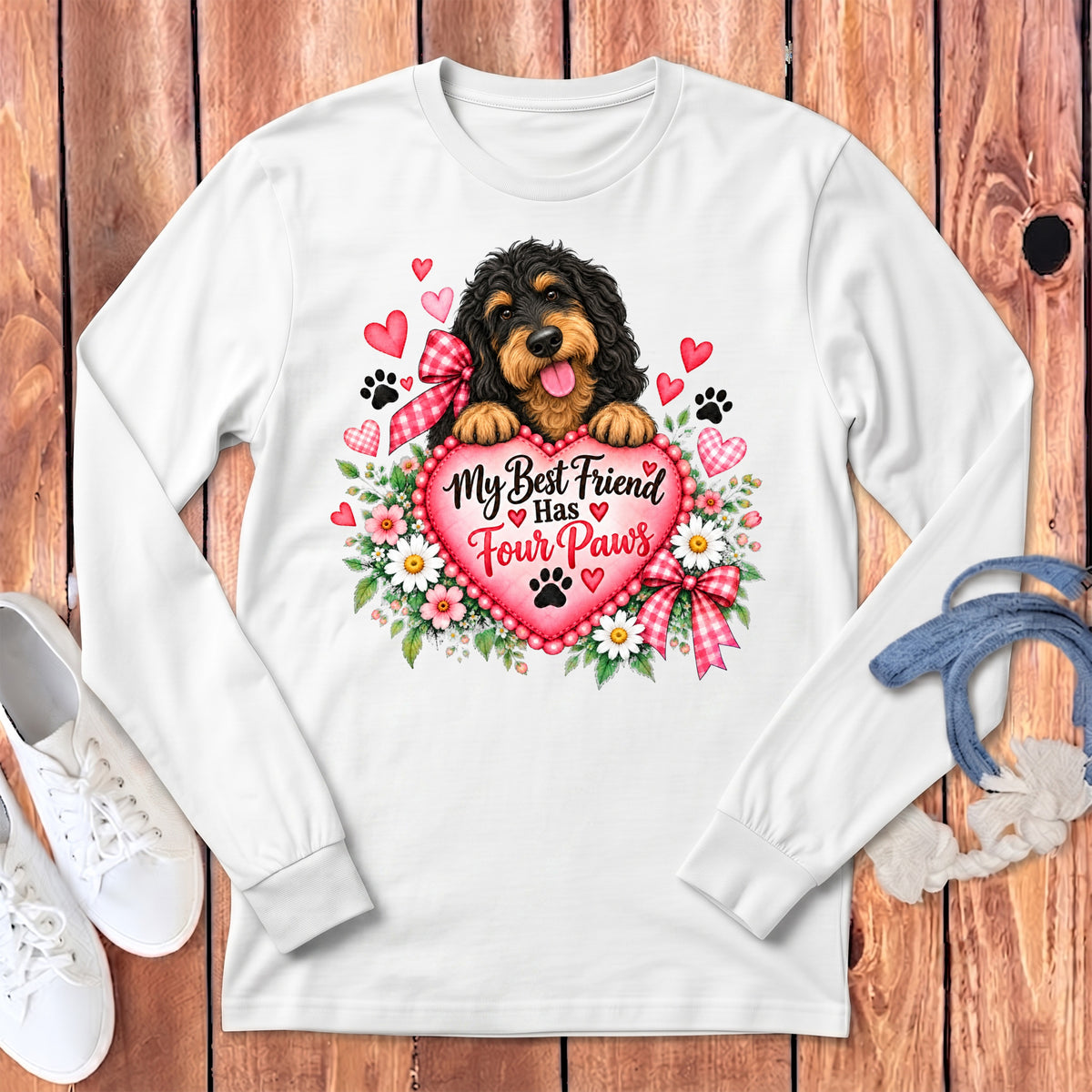A white long-sleeved shirt features a graphic of a black and tan dog behind a pink heart with the text My Best Friend Has Four Paws, surrounded by flowers and paw prints.