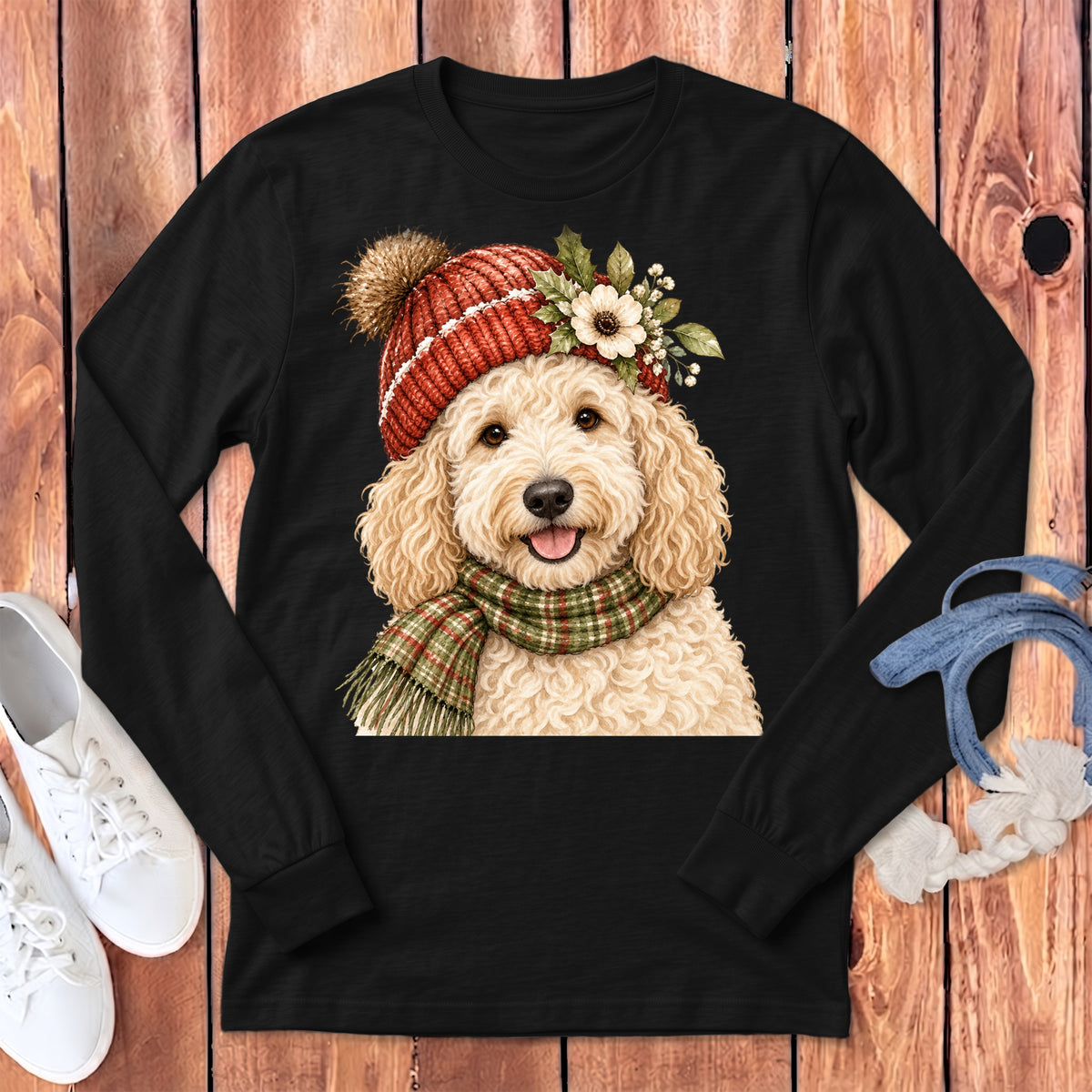 Black long-sleeve shirt with a watercolor doodle dog wearing a Santa hat and scarf.