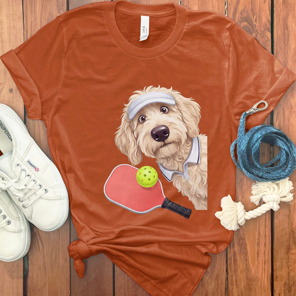 Cream Goldendoodle Pickleball Player T-Shirt in Autumn / S by Puppy Jo
