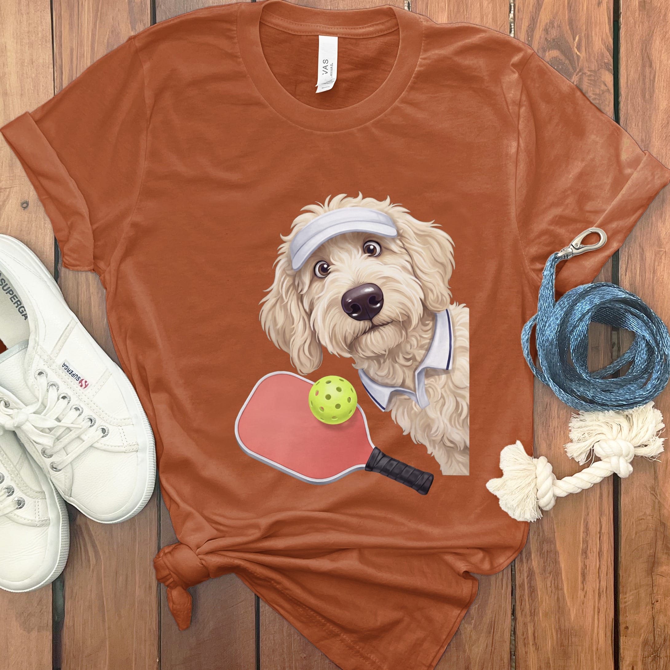 Cream Goldendoodle Pickleball Player T-Shirt in Autumn / S by Puppy Jo