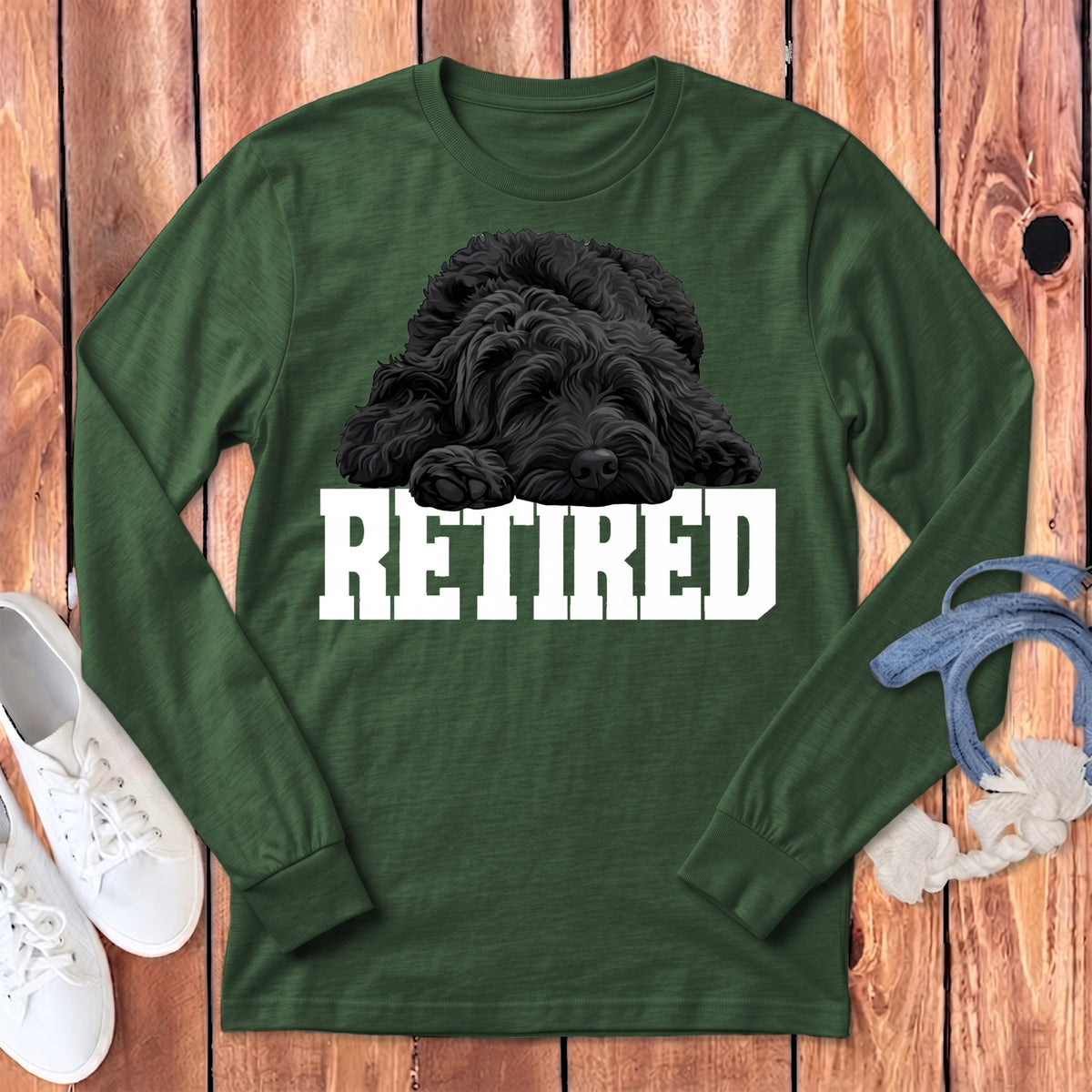 Retired Sleeping Black Goldendoodle Long Sleeve T-Shirt in Heather Forest / S by Puppy Jo