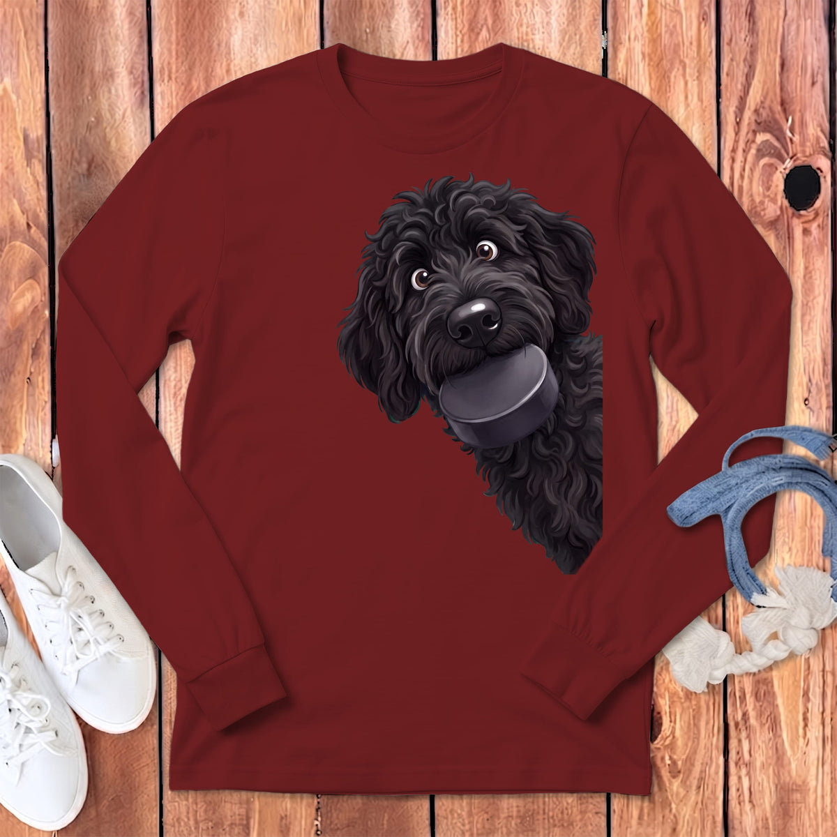 Black Goldendoodle Hockey Puck Long Sleeve T-Shirt in Cardinal / S by Puppy Jo