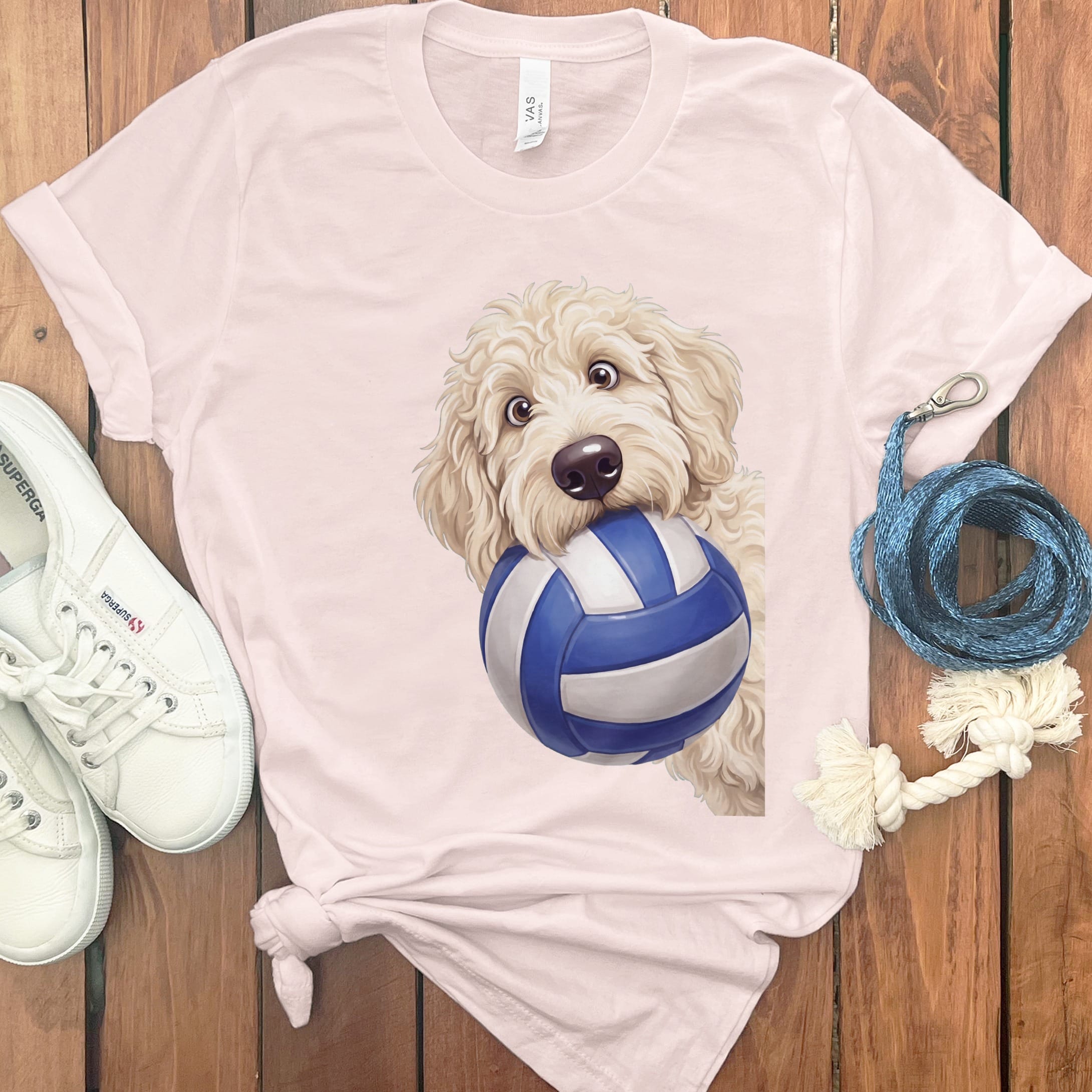 Cream Goldendoodle Volleyball T-Shirt in Soft Pink / S by Puppy Jo