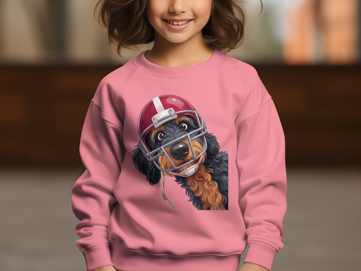 Pink sweatshirt with a graphic of a dog wearing a football helmet.