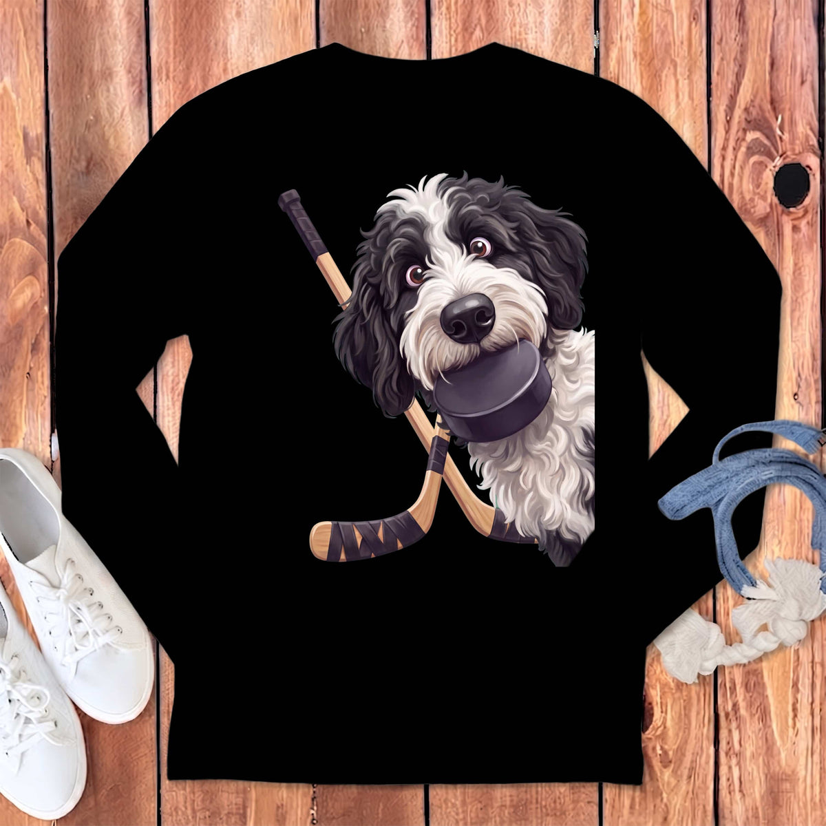 Sheepadoodle Hockey Long Sleeve T-Shirt in Black / S by Puppy Jo