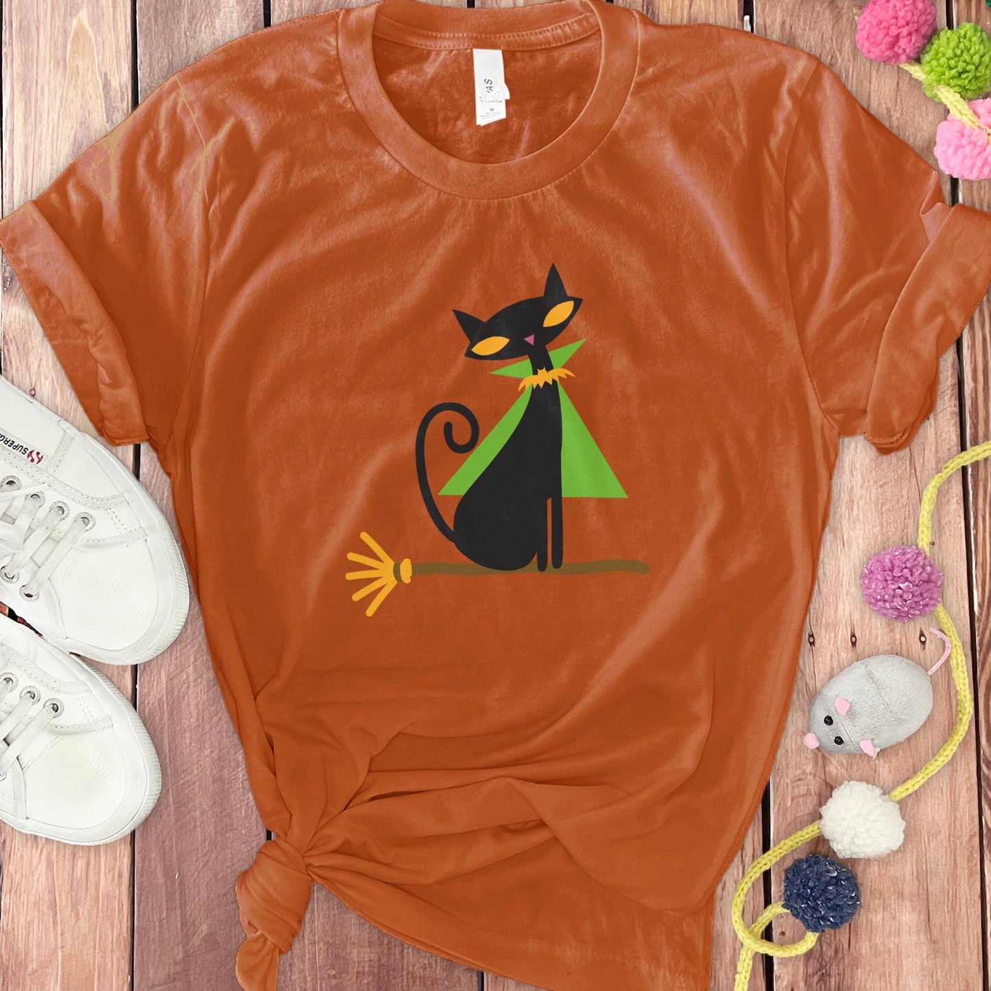 Graphic Black Cat with Broomstick Printed T-shirt Product