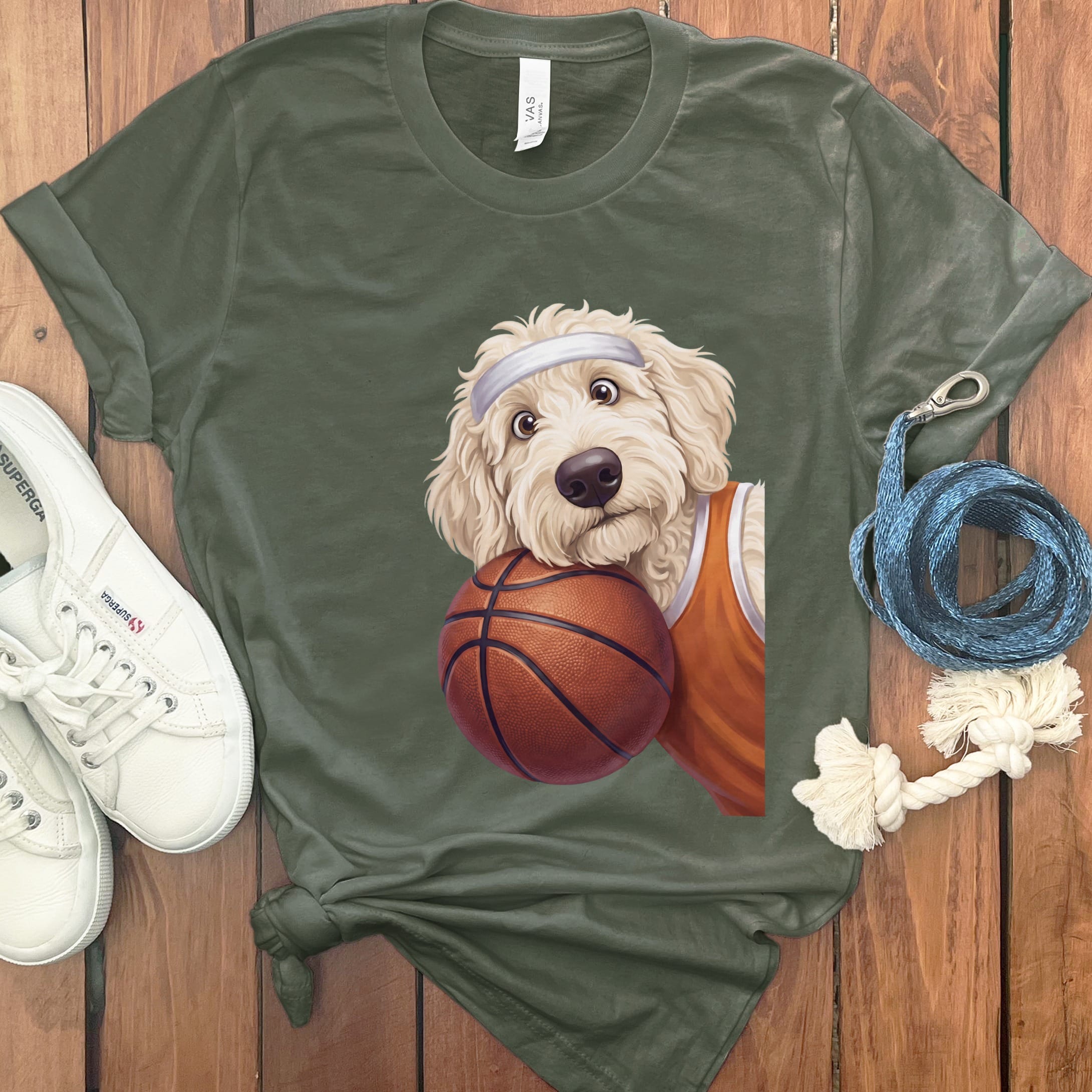Cream Goldendoodle Basketball Player T-Shirt in Military Green / S by Puppy Jo