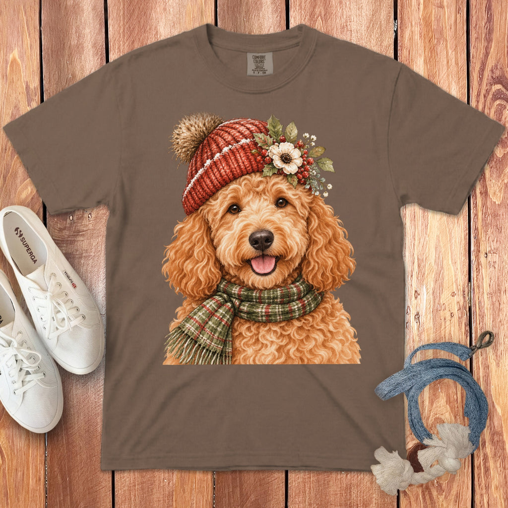 Brown t-shirt with a watercolor doodle dog wearing a winter hat and scarf.