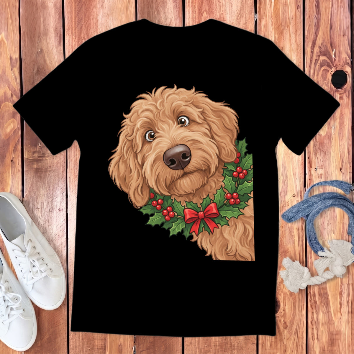 Black t-shirt featuring a cute doodle dog with a festive holly wreath and red bow.
