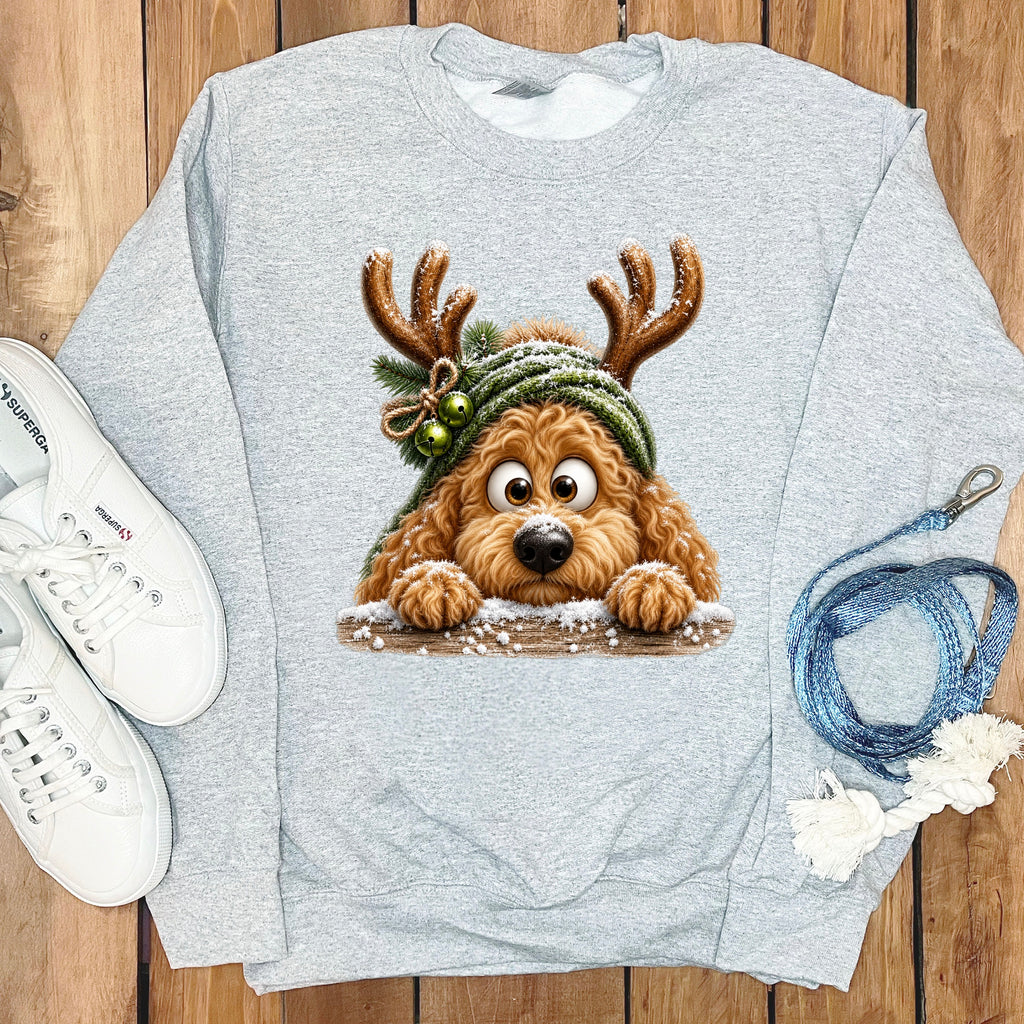 Grey sweatshirt featuring a cartoon dog with antlers and a green hat.