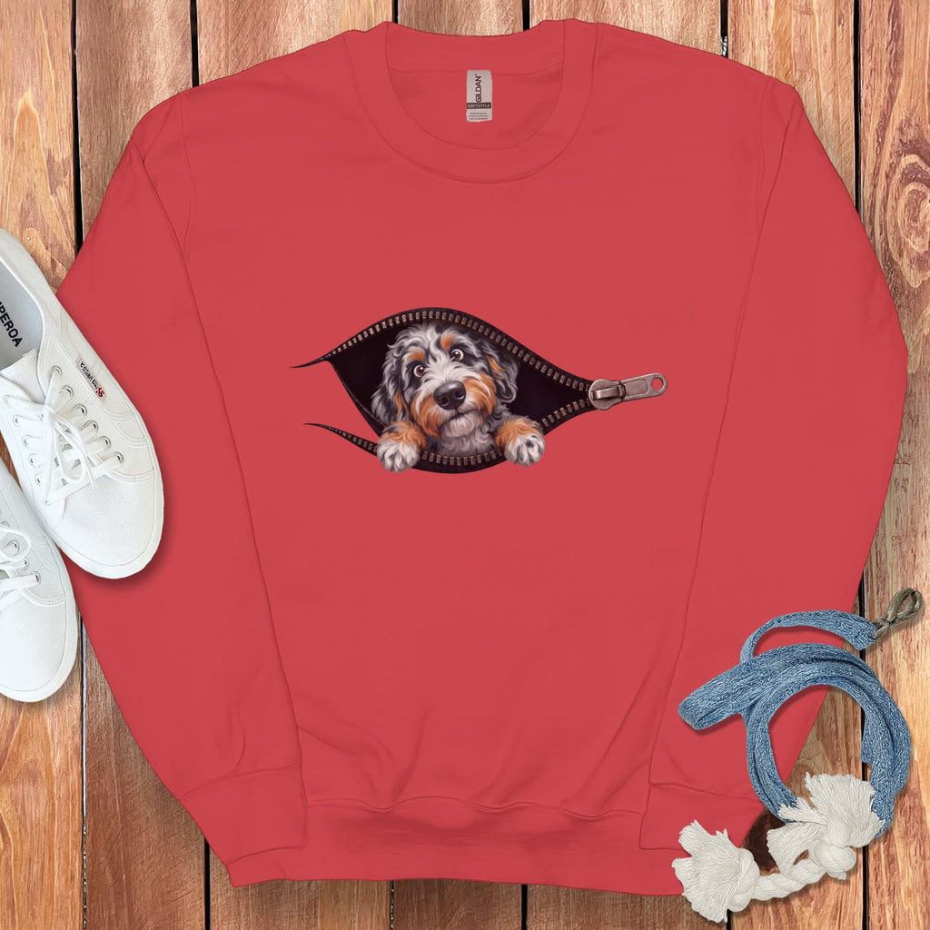 Aussiedoodle Peeking Zipper Sweatshirt in Red / S by Puppy Jo