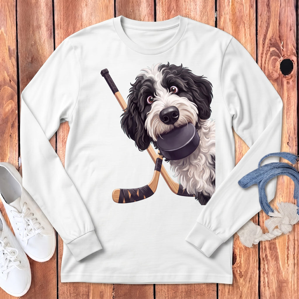 Sheepadoodle Hockey Long Sleeve T-Shirt in White / S by Puppy Jo