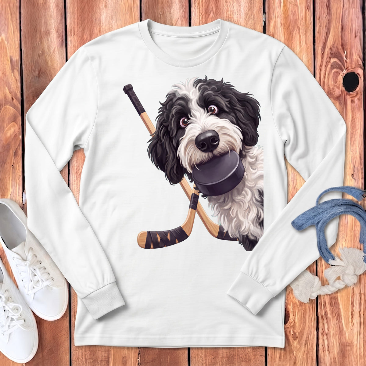 Sheepadoodle Hockey Long Sleeve T-Shirt in White / S by Puppy Jo