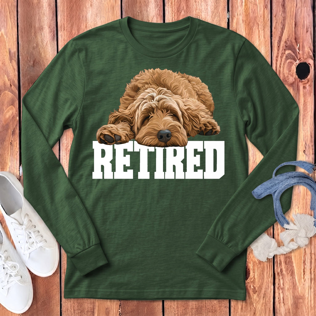 Retired Sleeping Apricot Goldendoodle Long Sleeve T-Shirt in Heather Forest / S by Puppy Jo