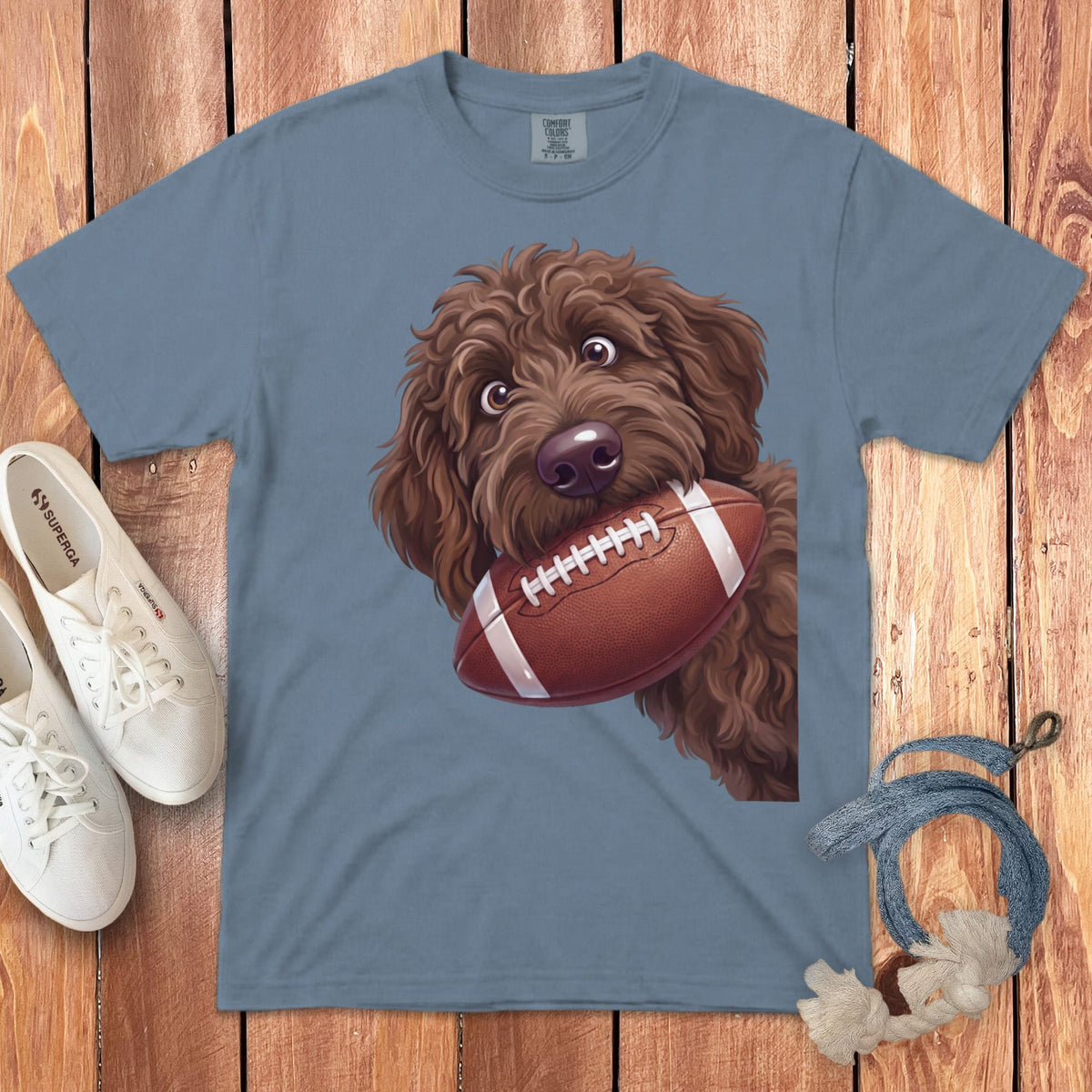 Chocolate Goldendoodle Football Signature T-Shirt in Blue Jean / S by Puppy Jo