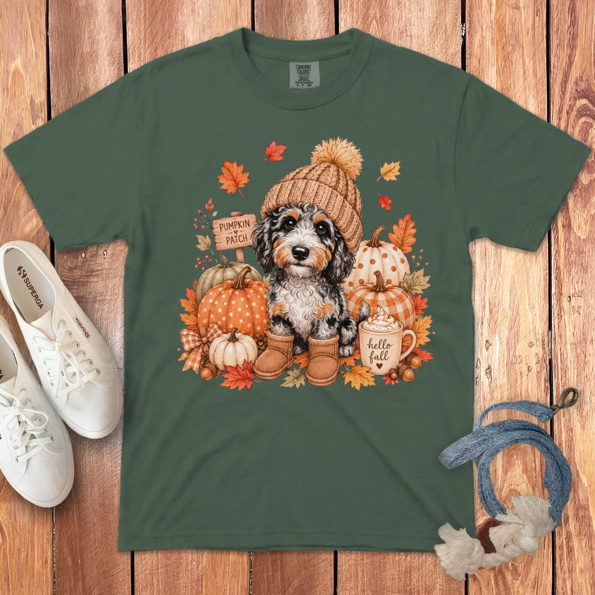 Aussiedoodle Pumpkin Patch Signature T-Shirt in Blue Spruce / S by Puppy Jo