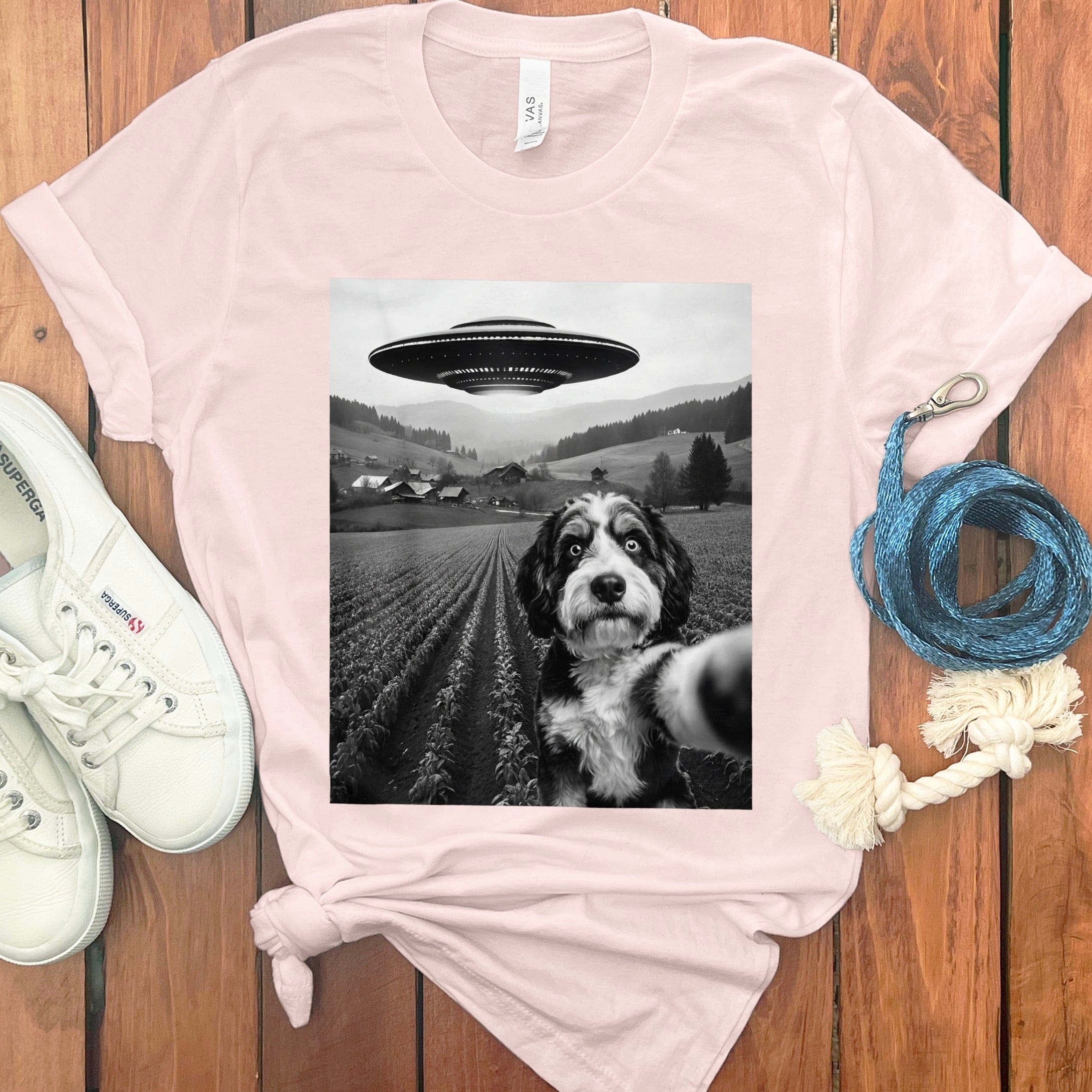 Selfie Dog with UFO Scene Graphic T-shirt