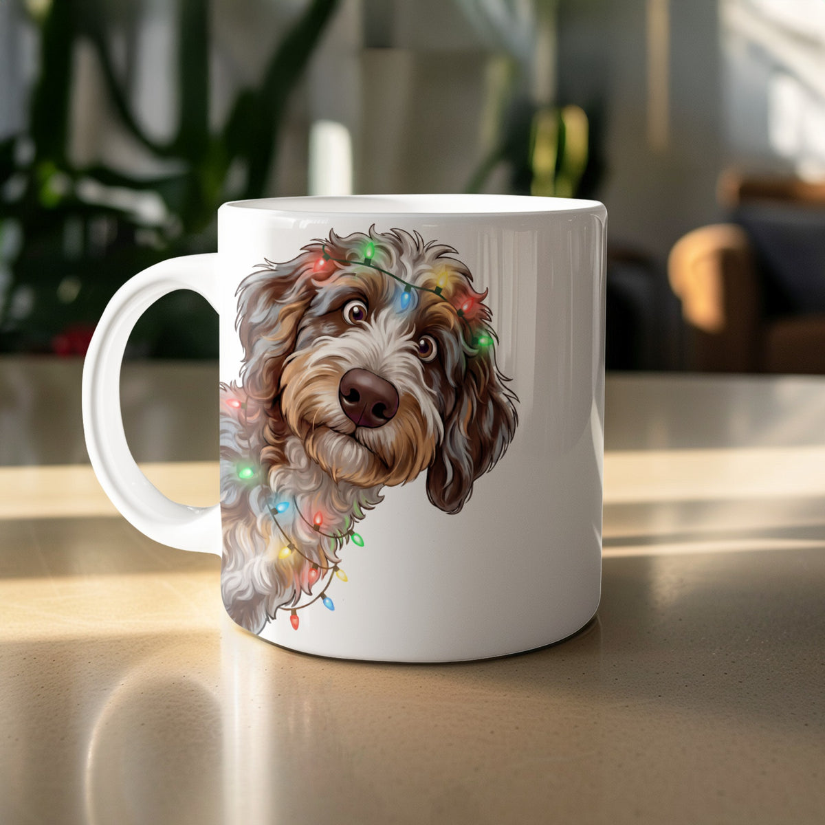 White mug with illustration of a dog tangled in colorful Christmas lights.