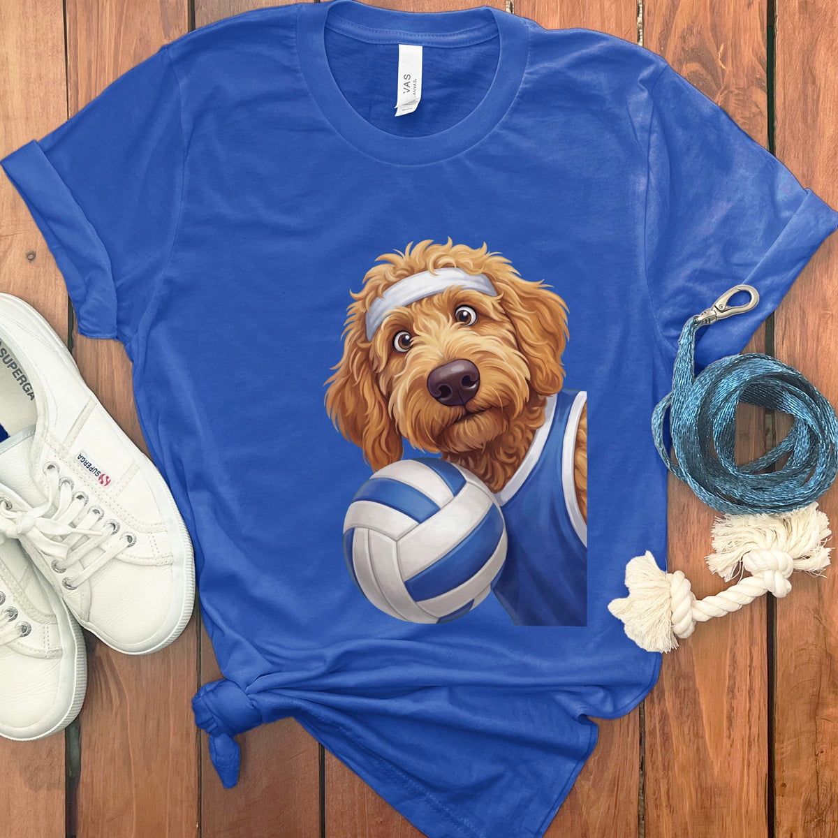Apricot Goldendoodle Volleyball Player T-Shirt in True Royal / S by Puppy Jo