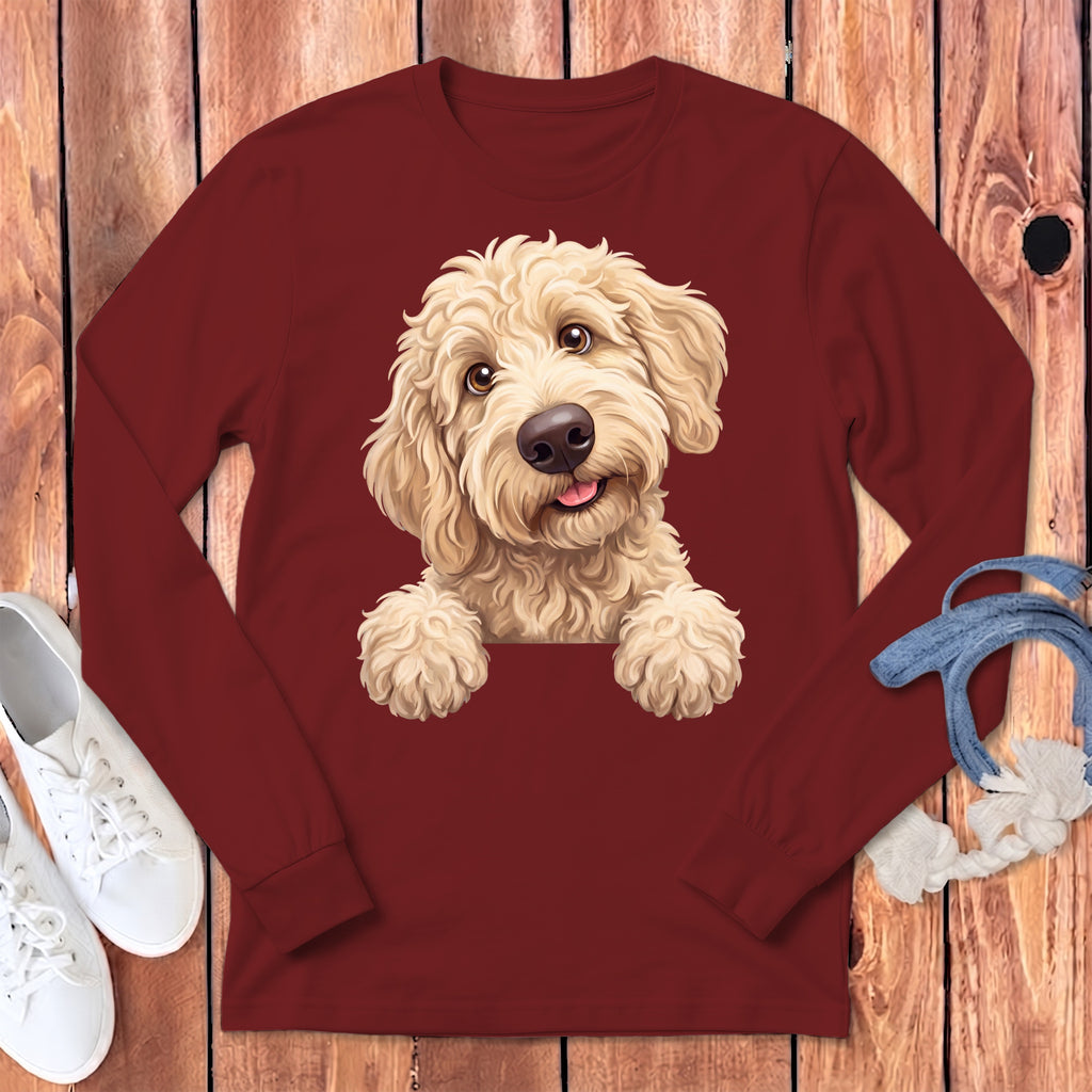 Maroon long sleeve shirt with a light blonde doodle dog design.