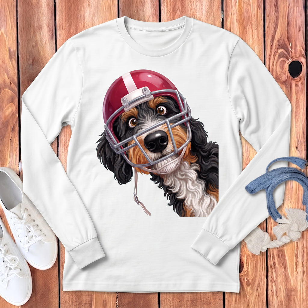 Bernese Mountain Dog wearing a red football helmet and facemask.
