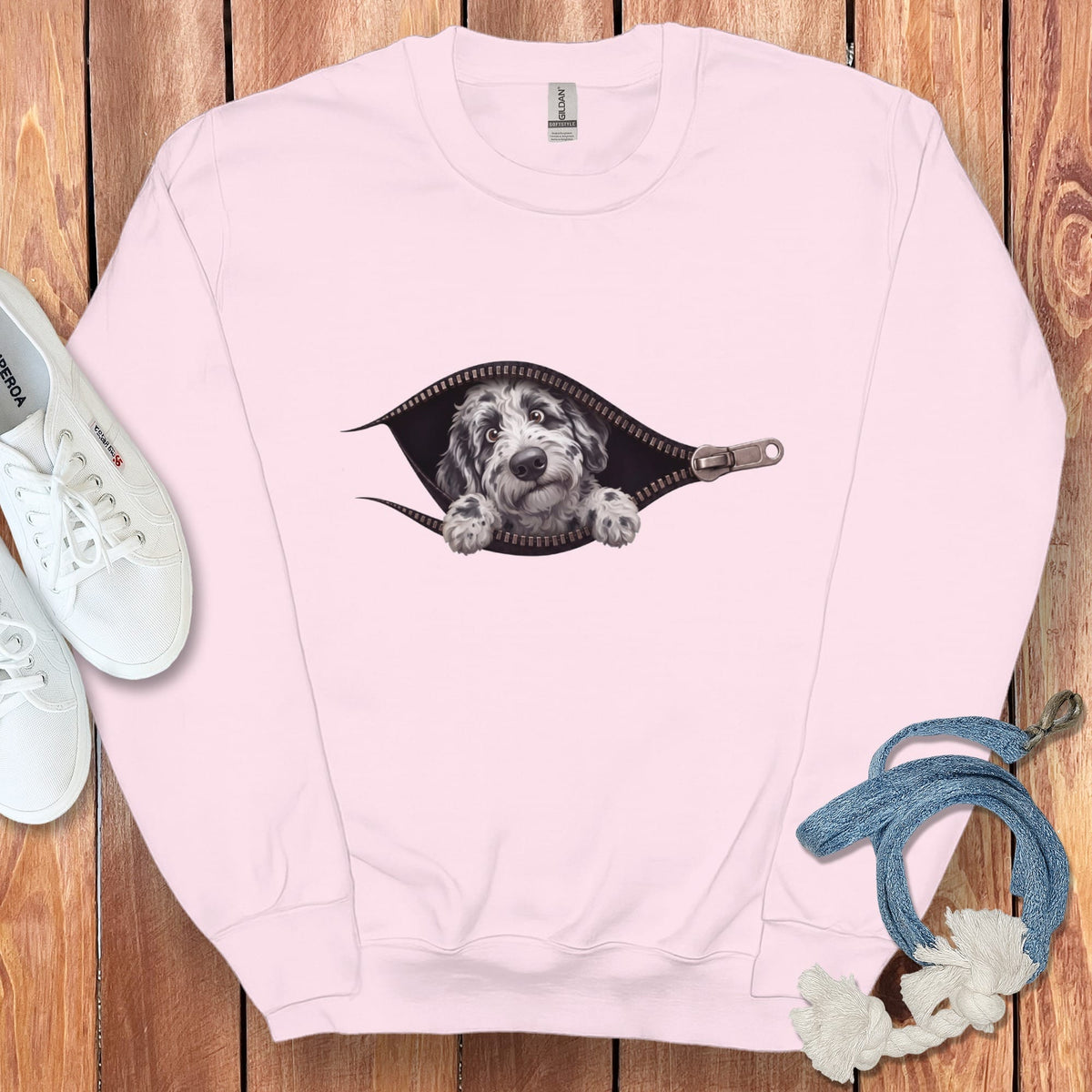 Merle Goldendoodle Peeking Zipper Sweatshirt in Light Pink / S by Puppy Jo