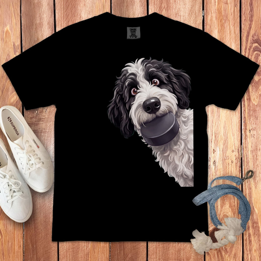 Sheepadoodle Hockey Puck Signature T-Shirt in Black / S by Puppy Jo