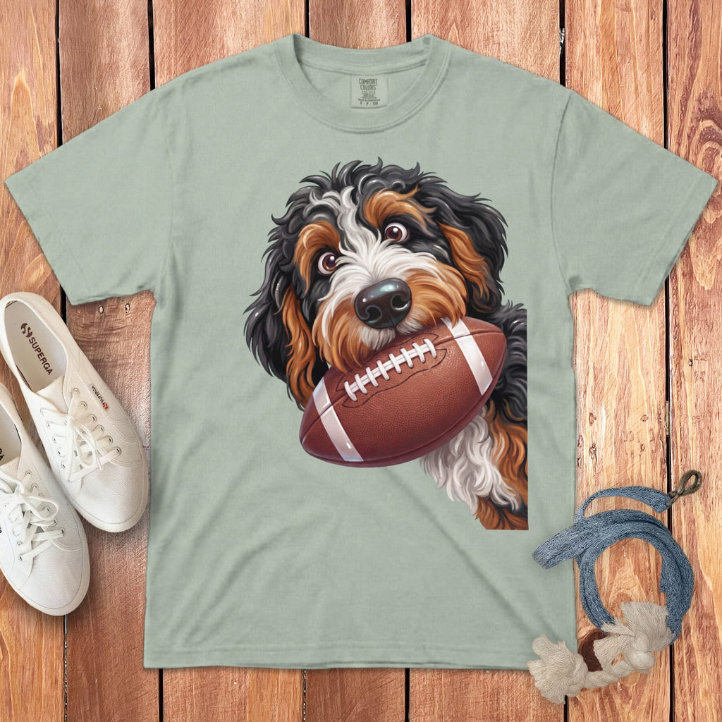 Bernese Mountain Dog puppy holding a football on a light green t-shirt.