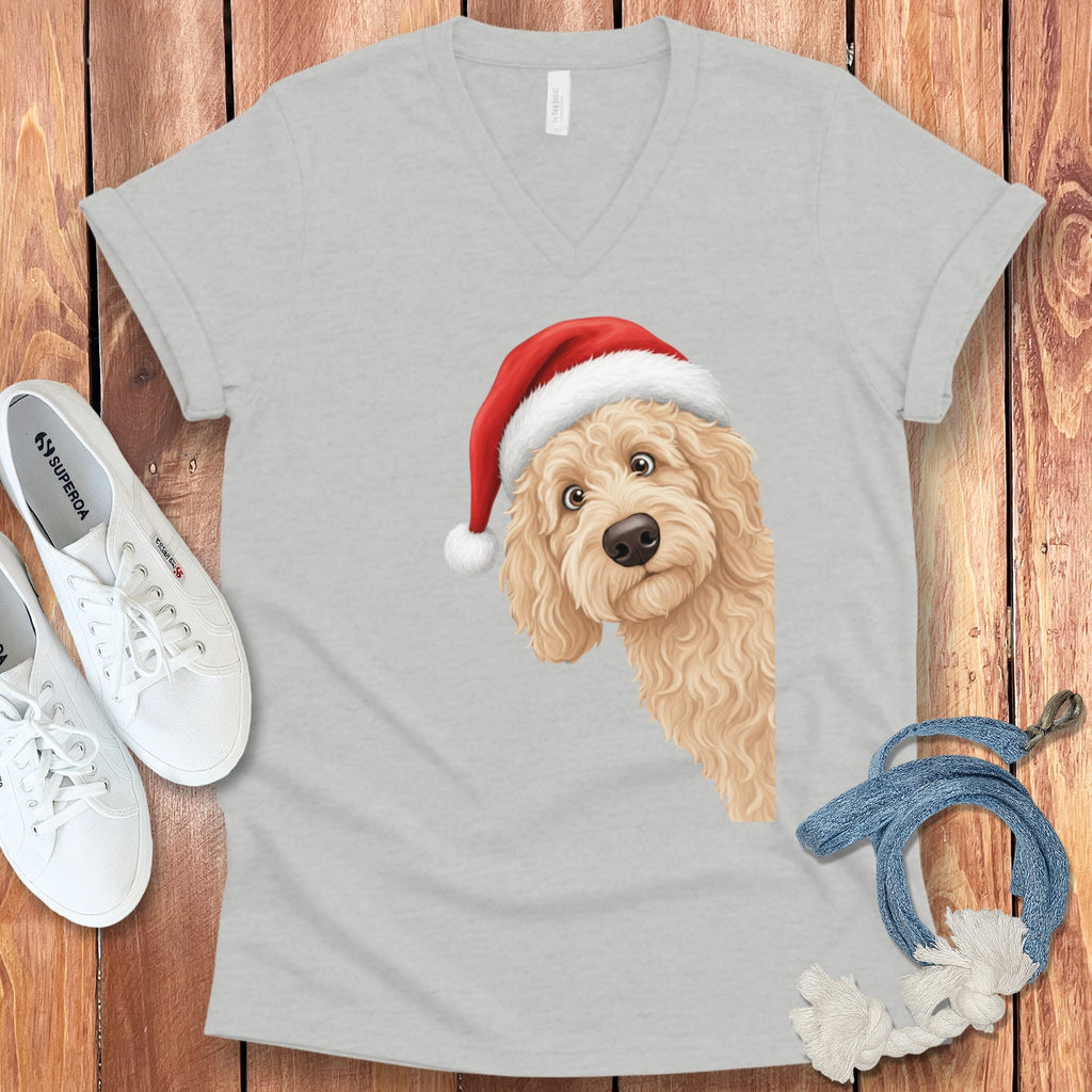 Cream Goldendoodle Holiday Santa V-Neck T-Shirt in Athletic Heather / S by Puppy Jo