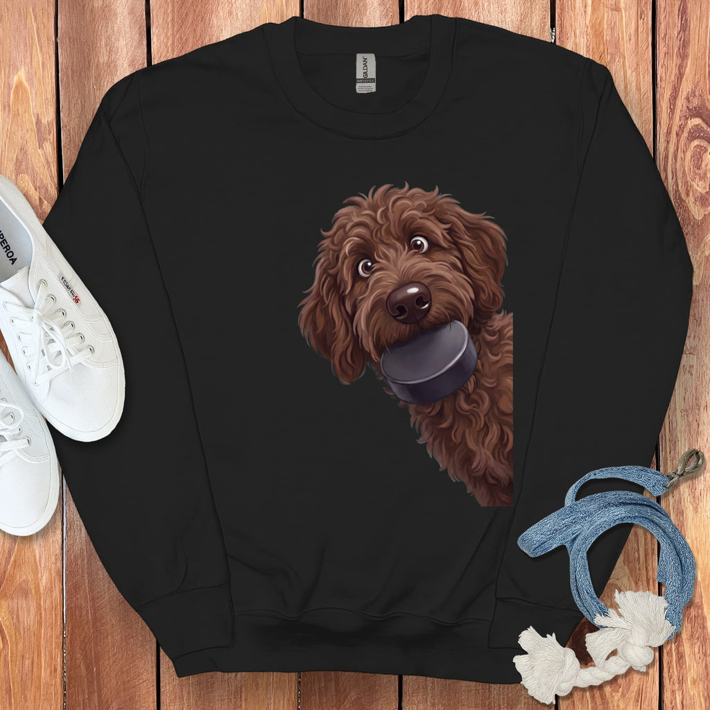 Chocolate Goldendoodle Hockey Puck Sweatshirt in Black / S by Puppy Jo