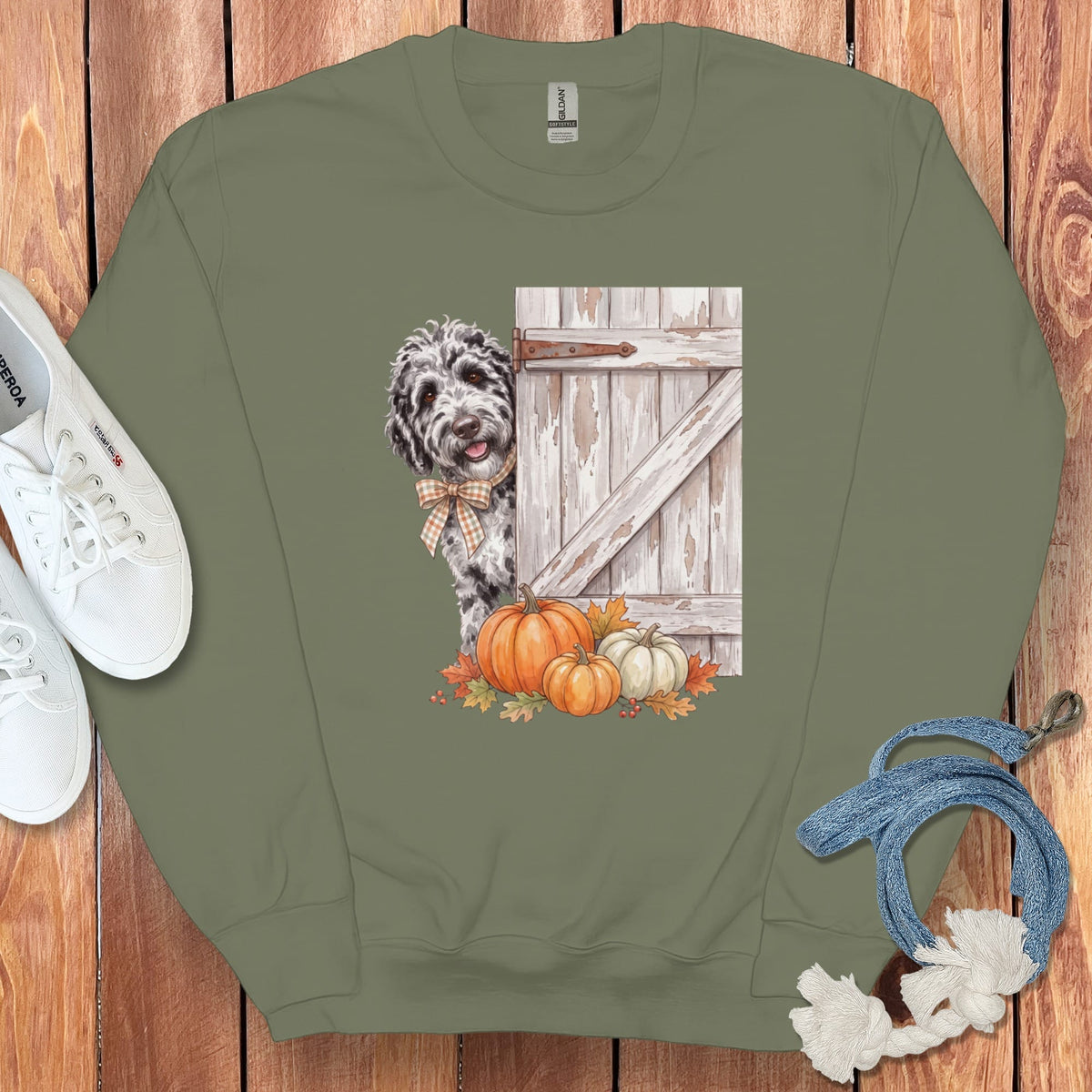 Merle Goldendoodle Barn Peeking Sweatshirt in Military Green / S by Puppy Jo