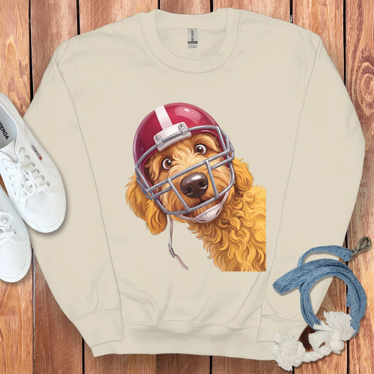 Golden Goldendoodle Football Helmet Sweatshirt in Sand / S by Puppy Jo