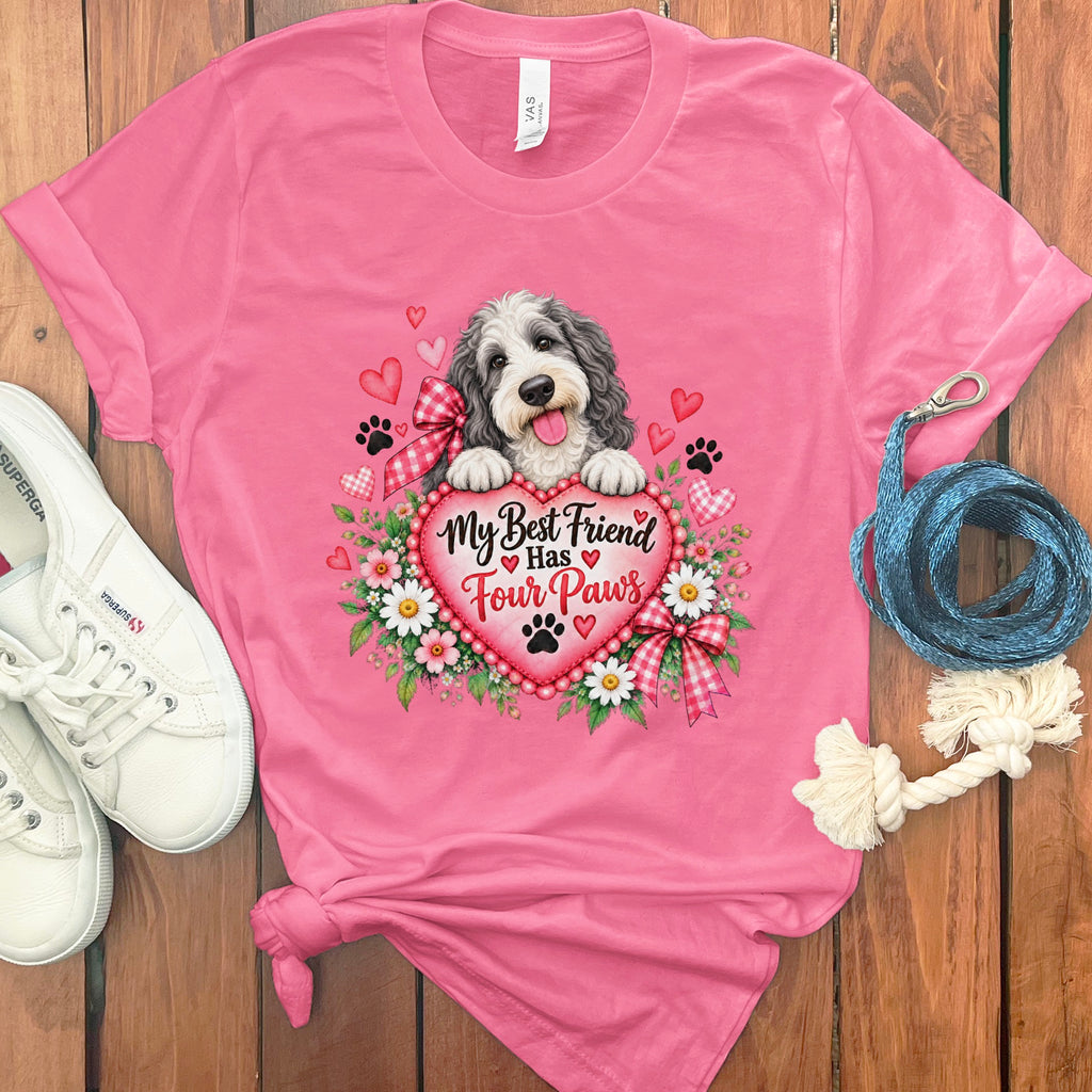 Pink crewneck t-shirt featuring a doodle dog graphic, white sneakers, and a blue leash on a wooden background.