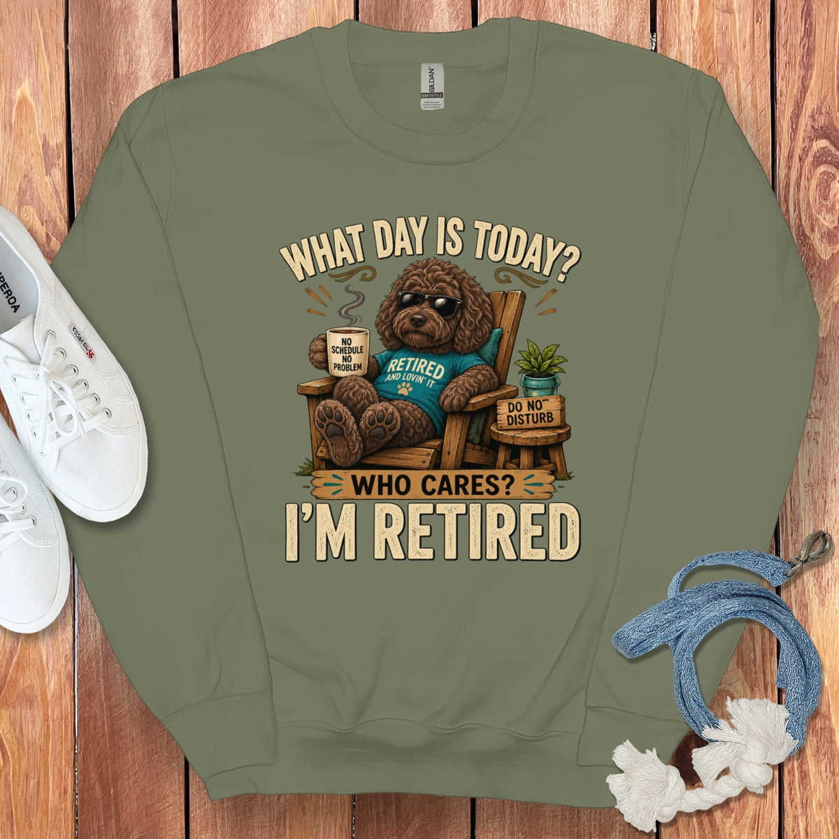 I'm Retired Chocolate Goldendoodle Sweatshirt in Military Green / S by Puppy Jo