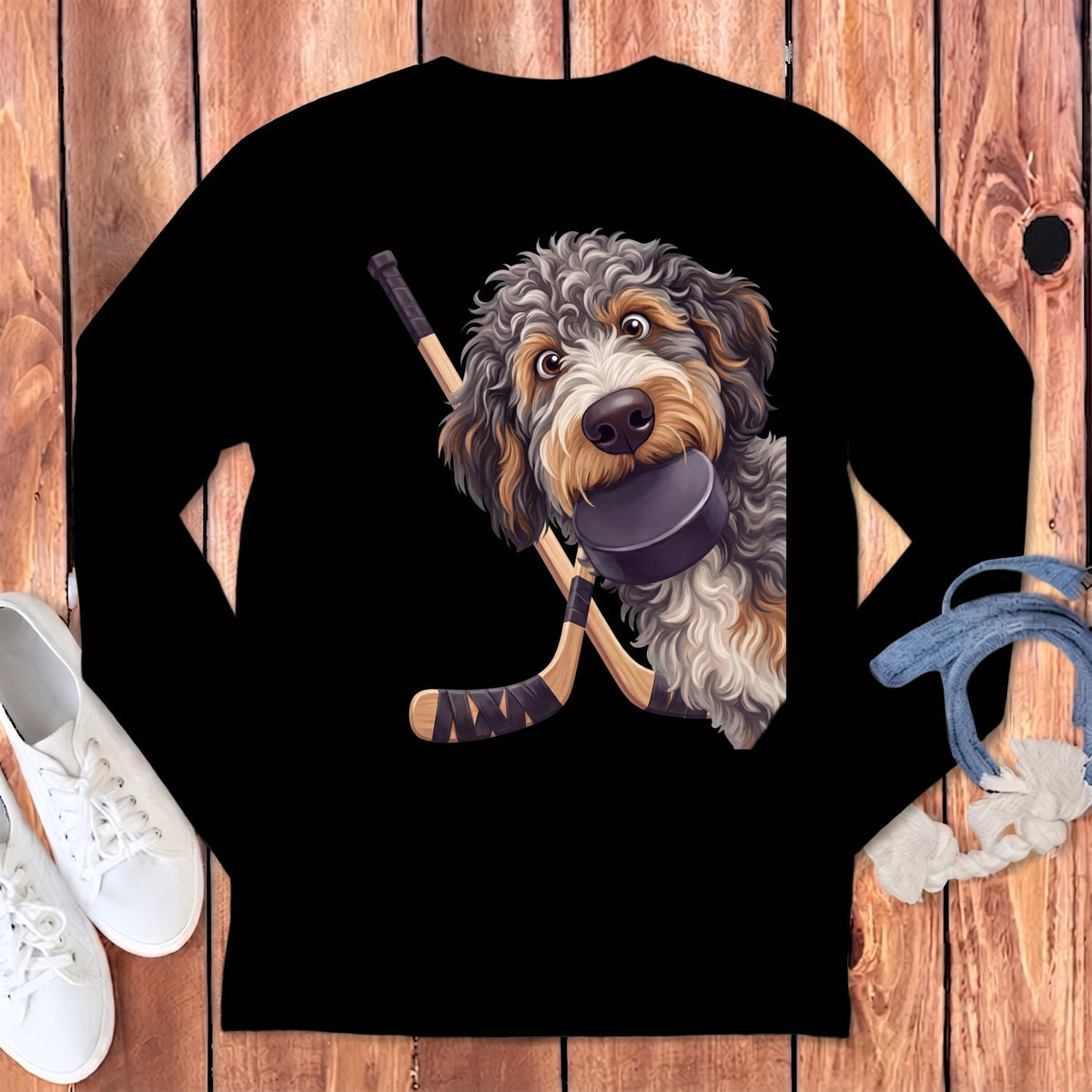 Aussiedoodle Hockey Long Sleeve T-Shirt in Black / S by Puppy Jo