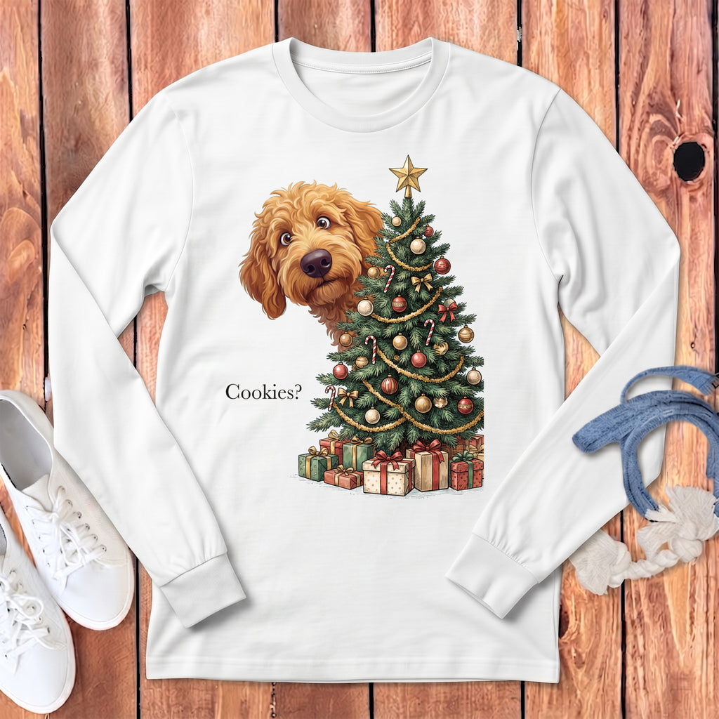 White long sleeve shirt with a doodle dog and Christmas tree graphic.
