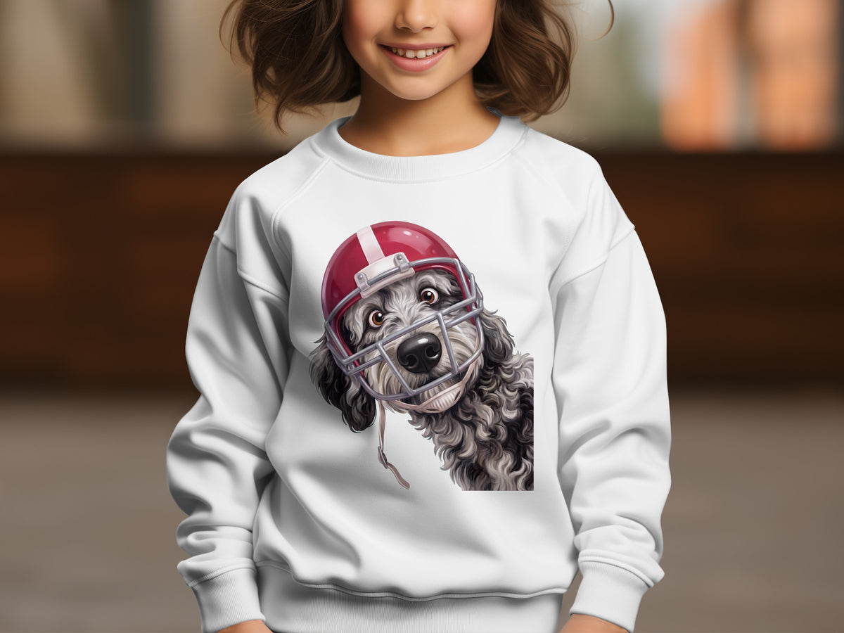 White sweatshirt with a Poodle wearing a red football helmet.