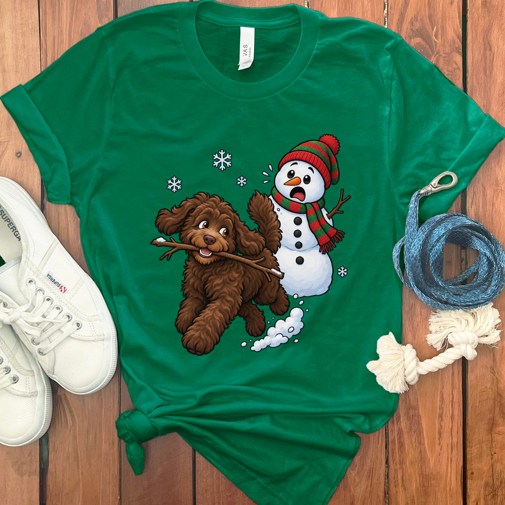 Chocolate Goldendoodle Snowman T-Shirt in Kelly / S by Puppy Jo