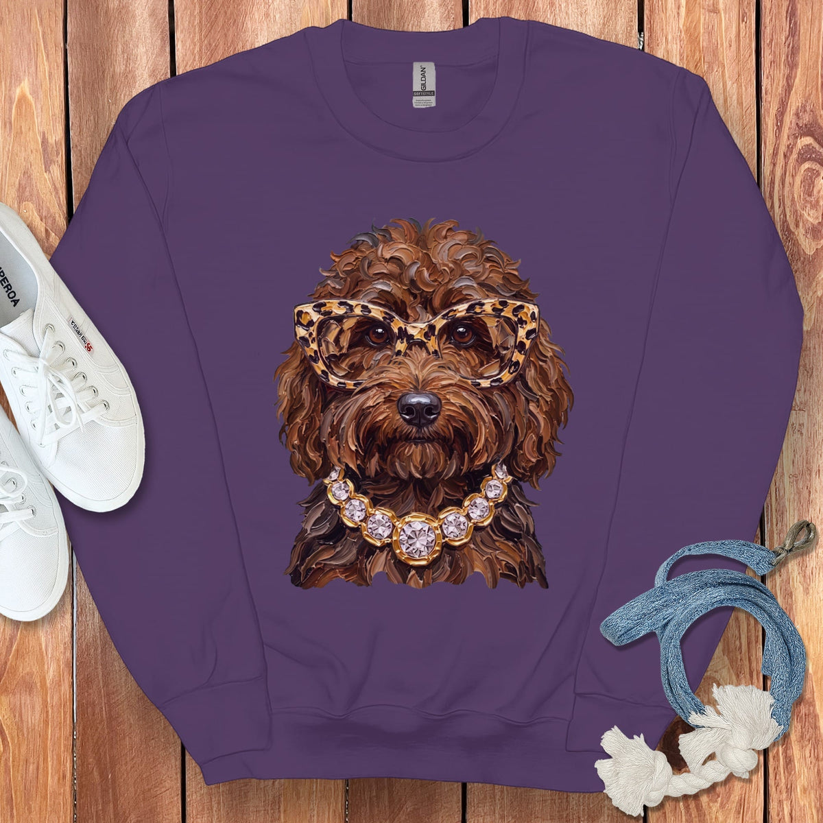 Chocolate Goldendoodle Glam Sweatshirt in Purple / S by Puppy Jo