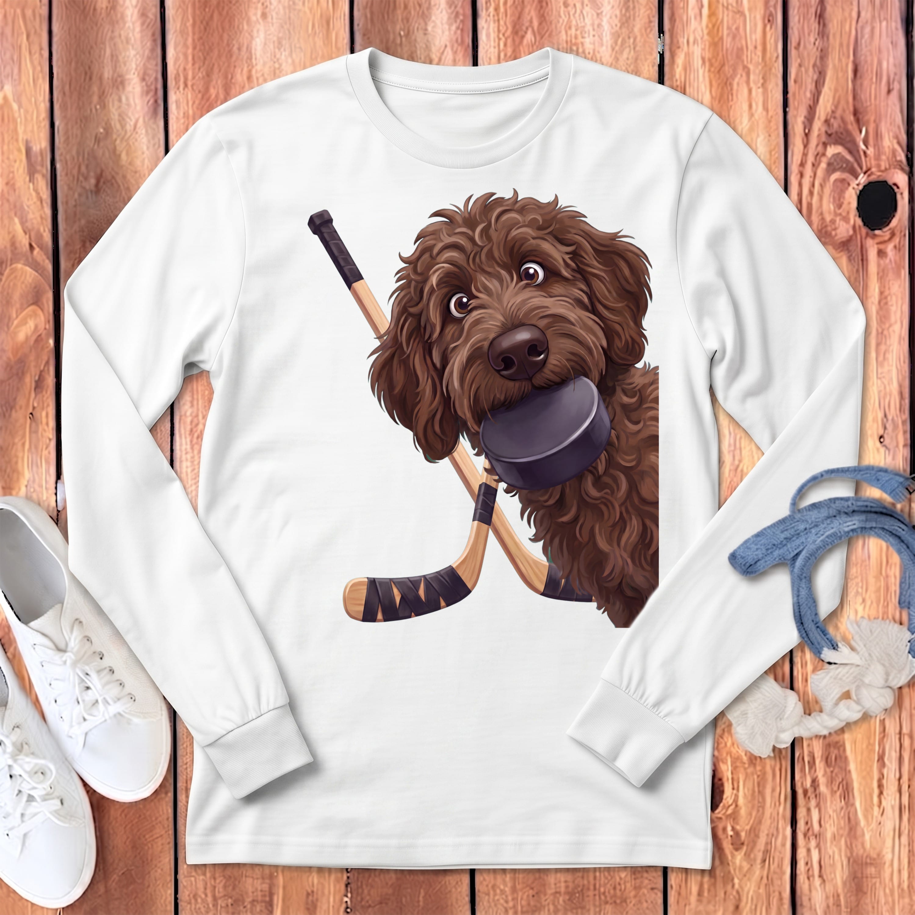 Chocolate Goldendoodle Hockey Long Sleeve T-Shirt in White / S by Puppy Jo