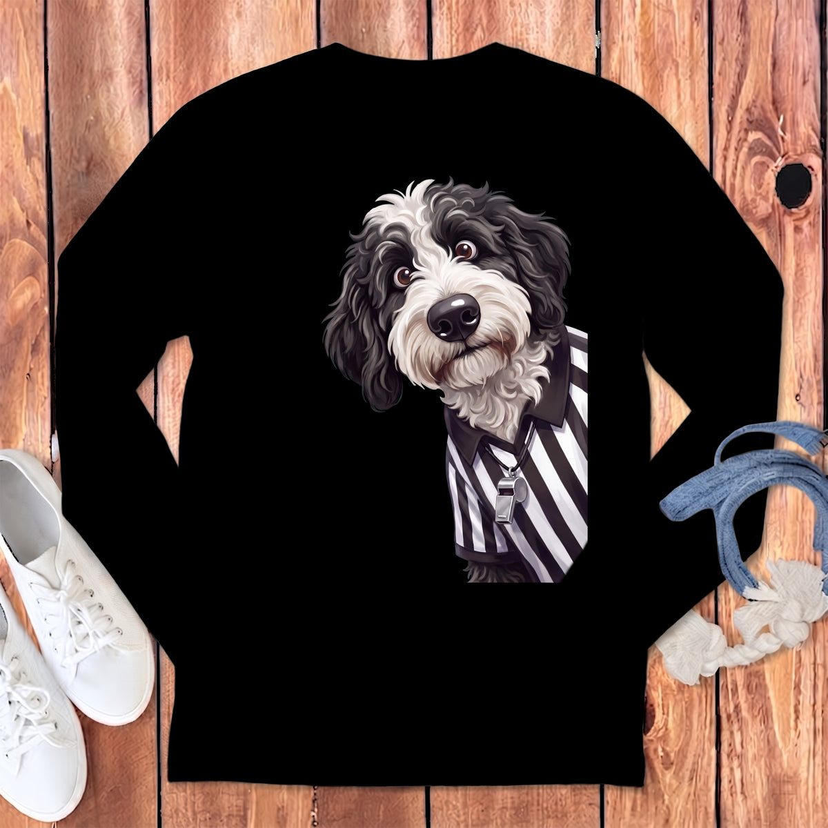 Black long-sleeve shirt featuring a cartoon dog in a referee uniform with a whistle.