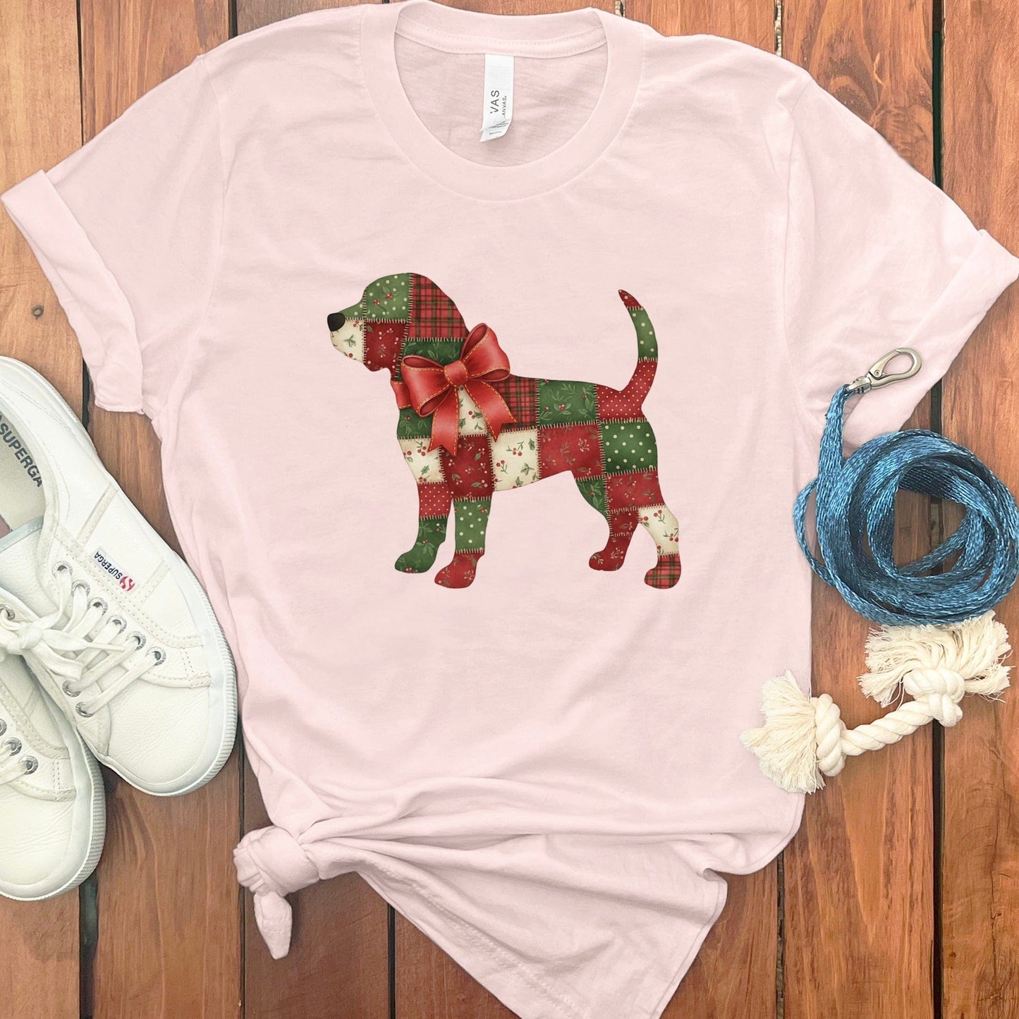 Festive Patchwork Dog Bow Graphic Holiday T-Shirt product