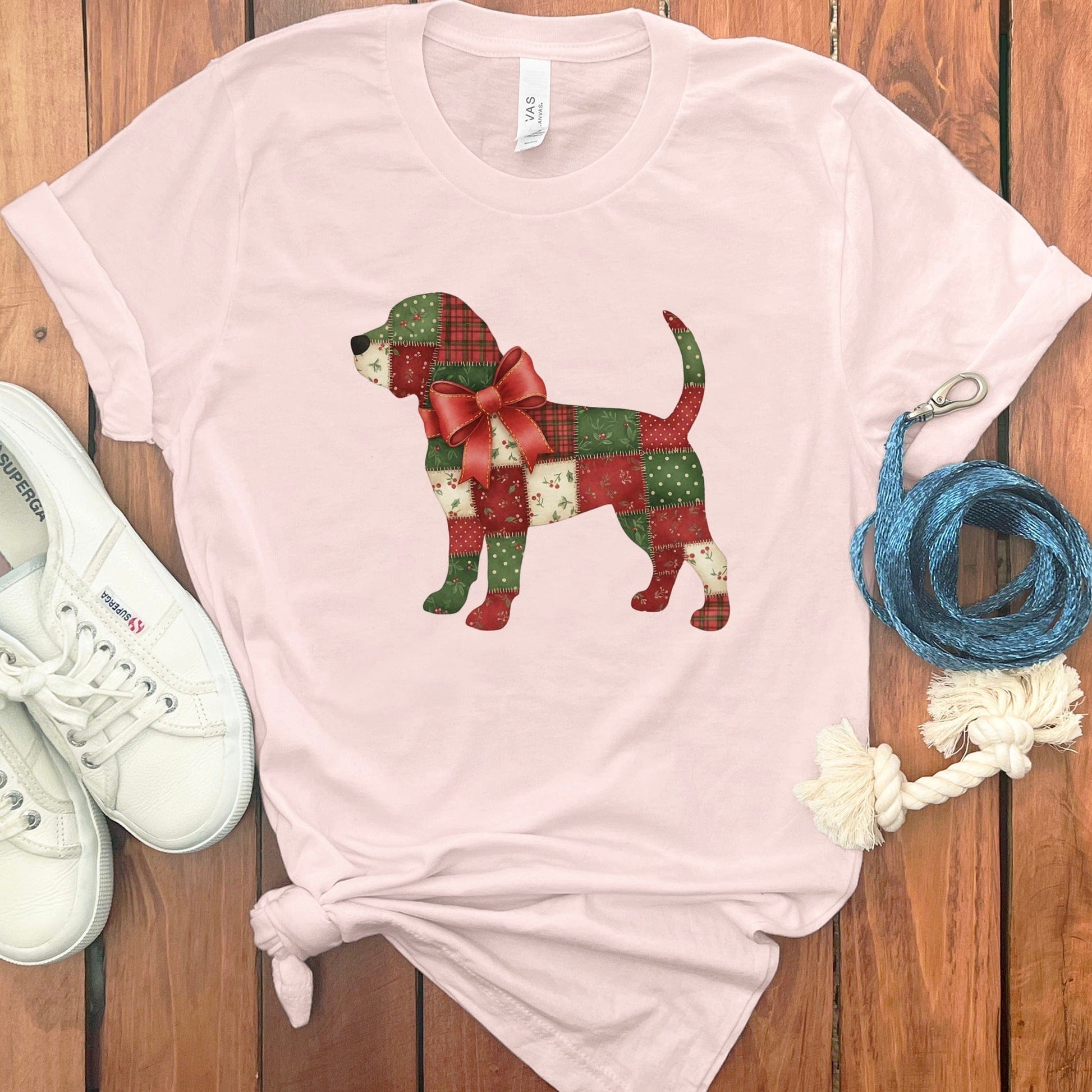Festive Patchwork Dog Bow Graphic Holiday T-Shirt product