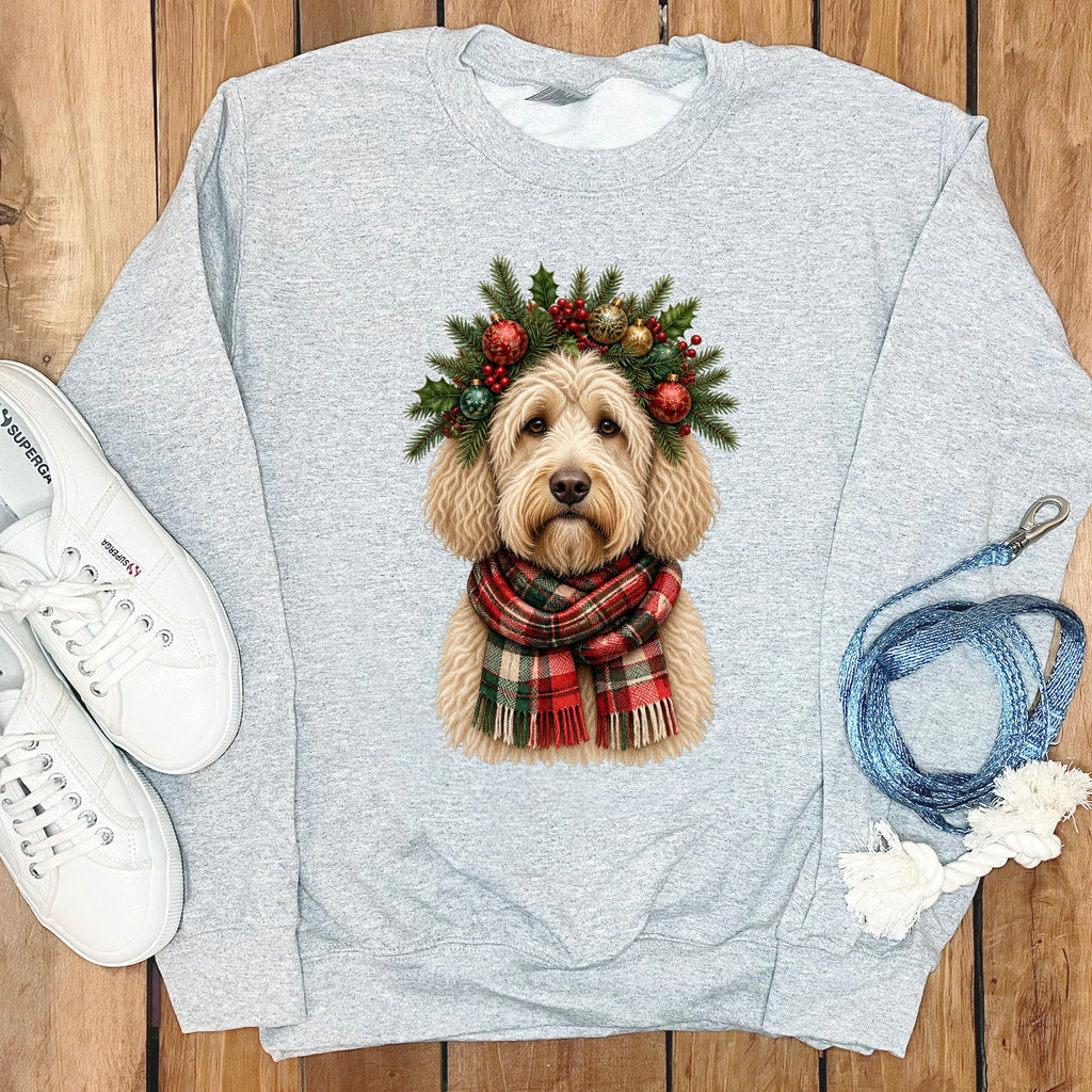 Cream Goldendoodle Holiday Crown Sweatshirt in Sport Grey / S by Puppy Jo