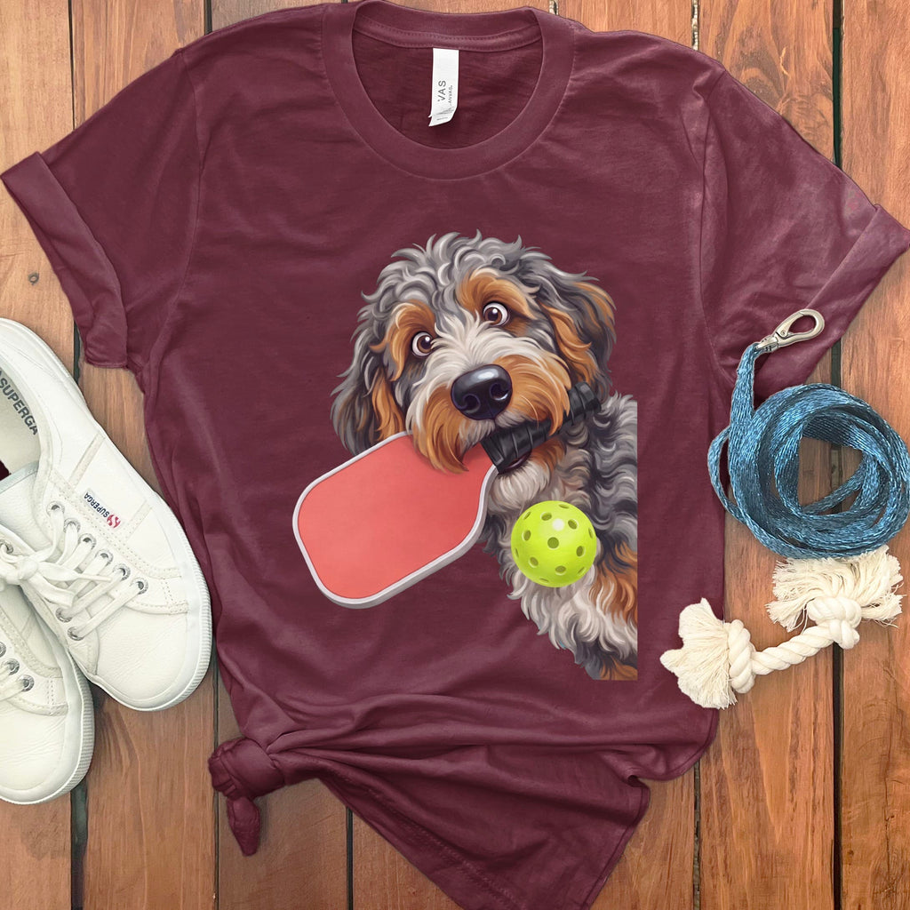 Aussiedoodle Pickleball T-Shirt in Maroon / S by Puppy Jo