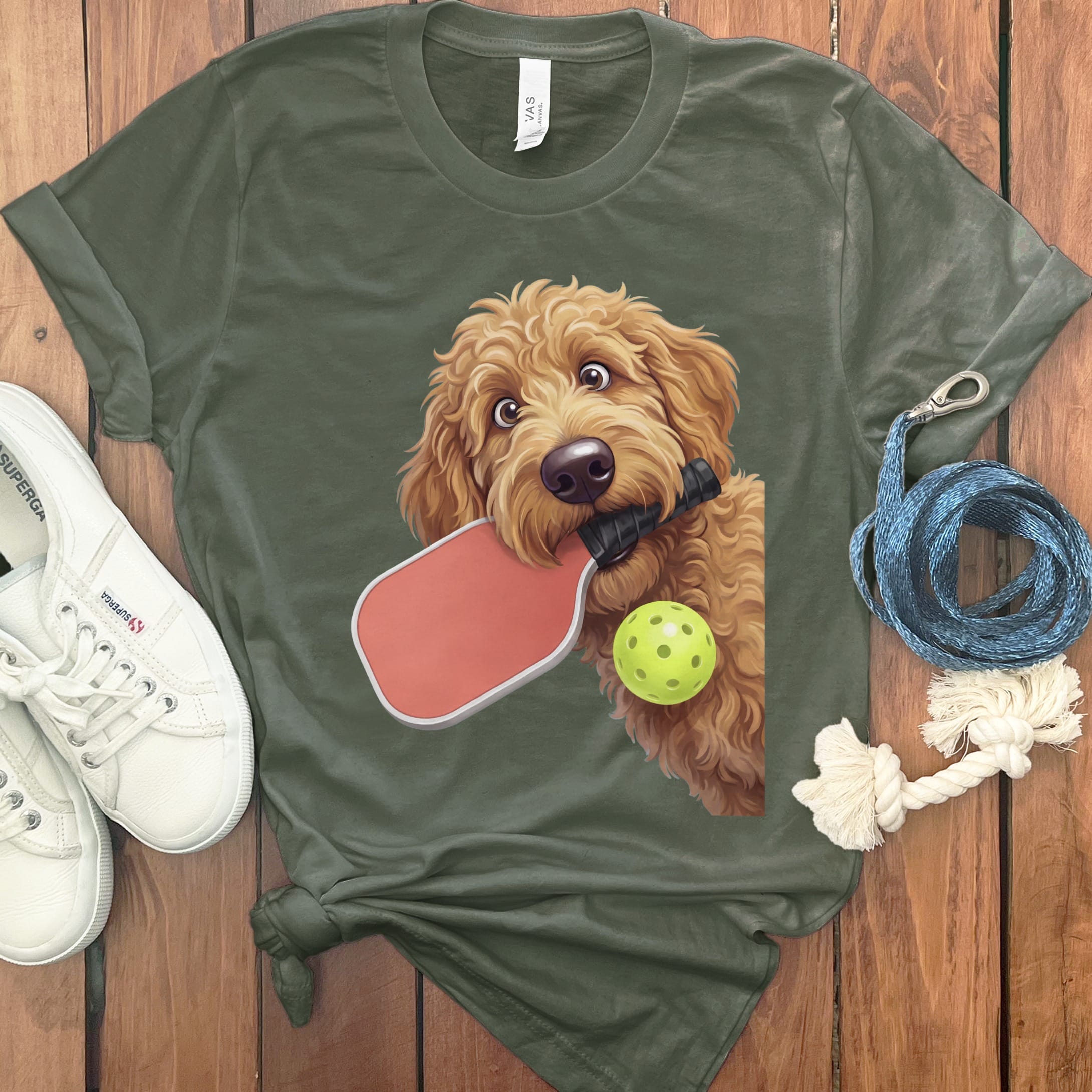 Apricot Goldendoodle Pickleball T-Shirt in Military Green / S by Puppy Jo
