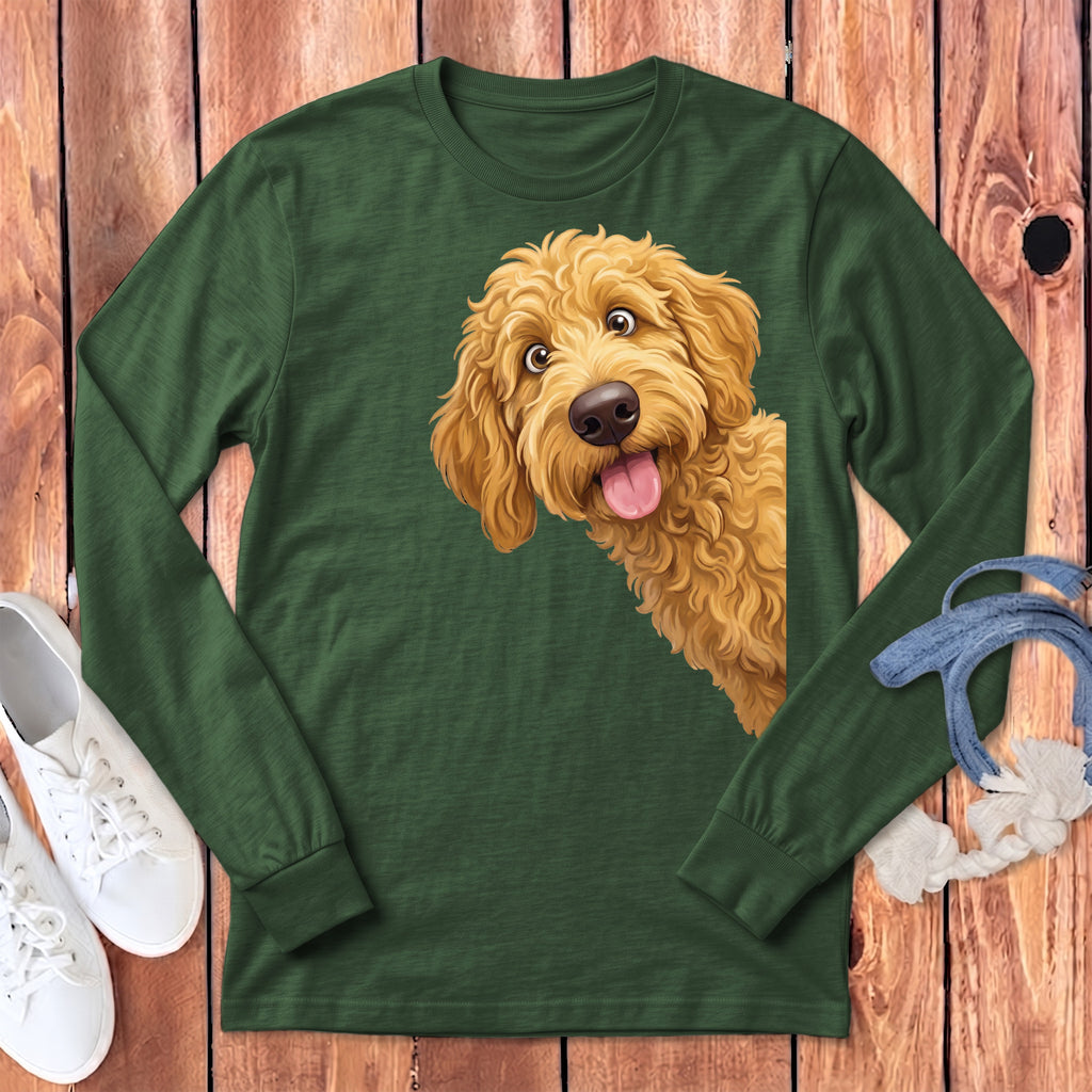 A dark green long-sleeve t-shirt featuring an illustration of a golden doodle dog peeking from the side.